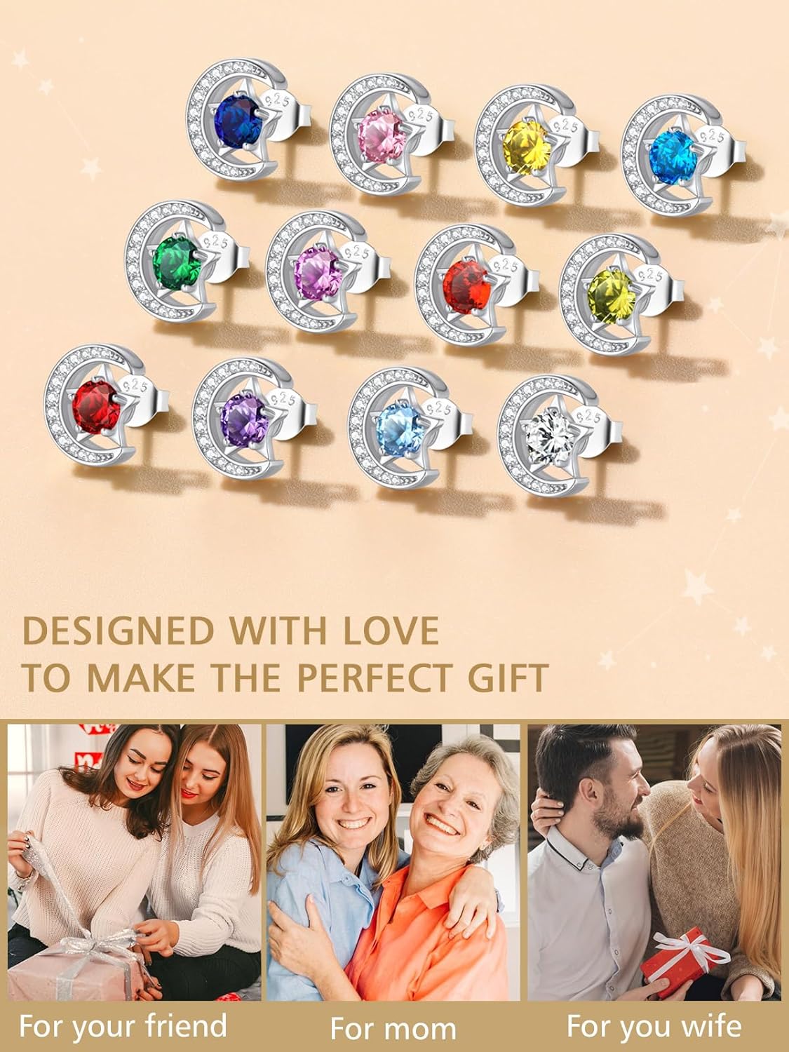 Sparkly Sterling Silver Cute Moon Star Birthstone Star Earrings