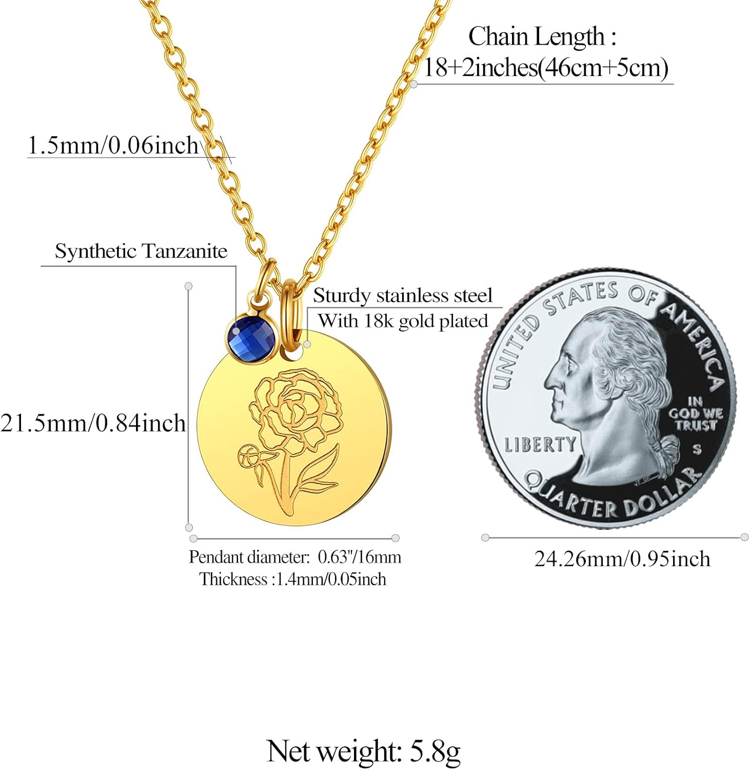 Jan. to Dec. Guardian Month Floral Birth Flower & Birthstone Disc Necklaces