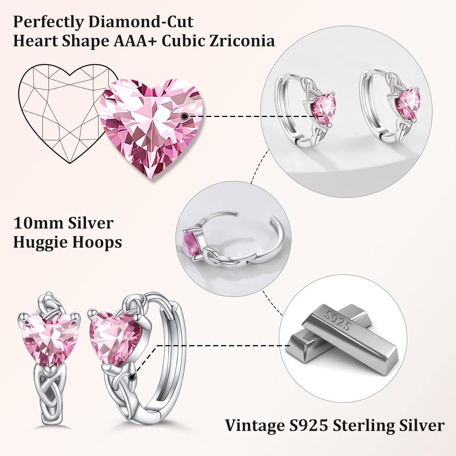 October Pink Tourmaline Heart Celtic Knot Birthstone Hoop Earrings