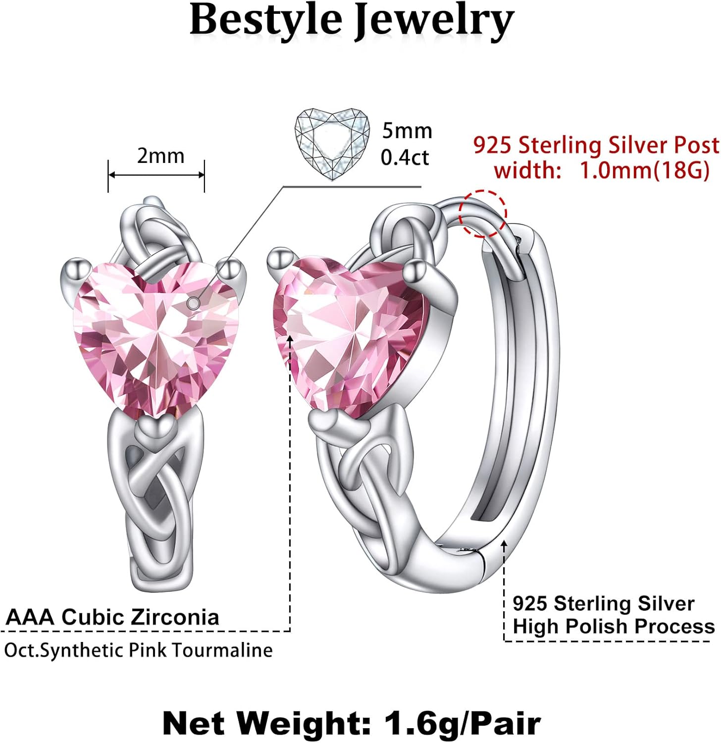 October Pink Tourmaline Heart Celtic Knot Birthstone Hoop Earrings