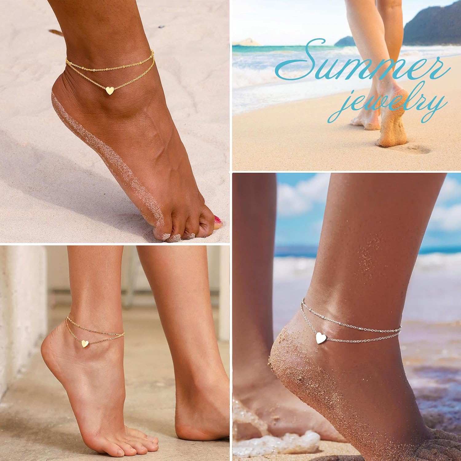 Cute Layered Heart Charm Anklets 