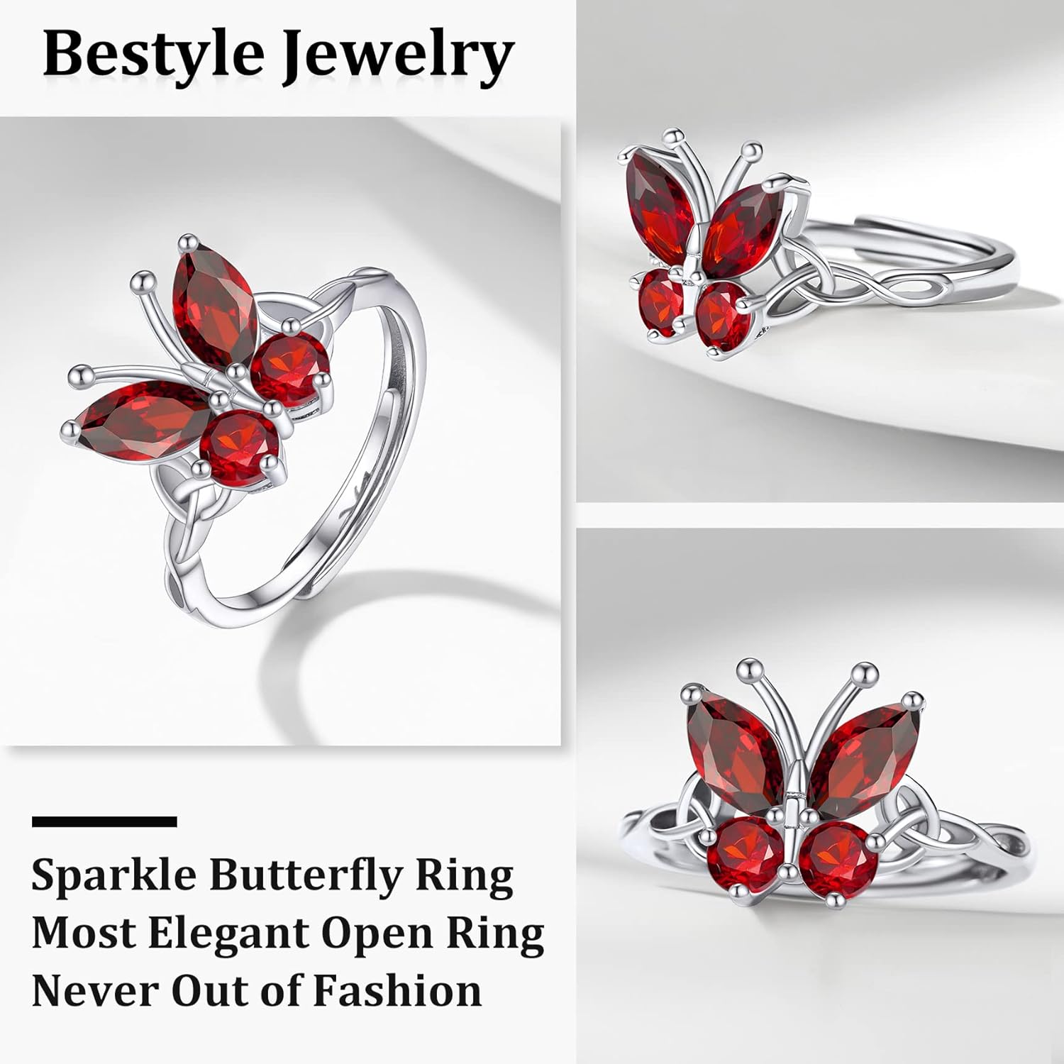 January Garnet Butterfly Birthstone Stackable Rings