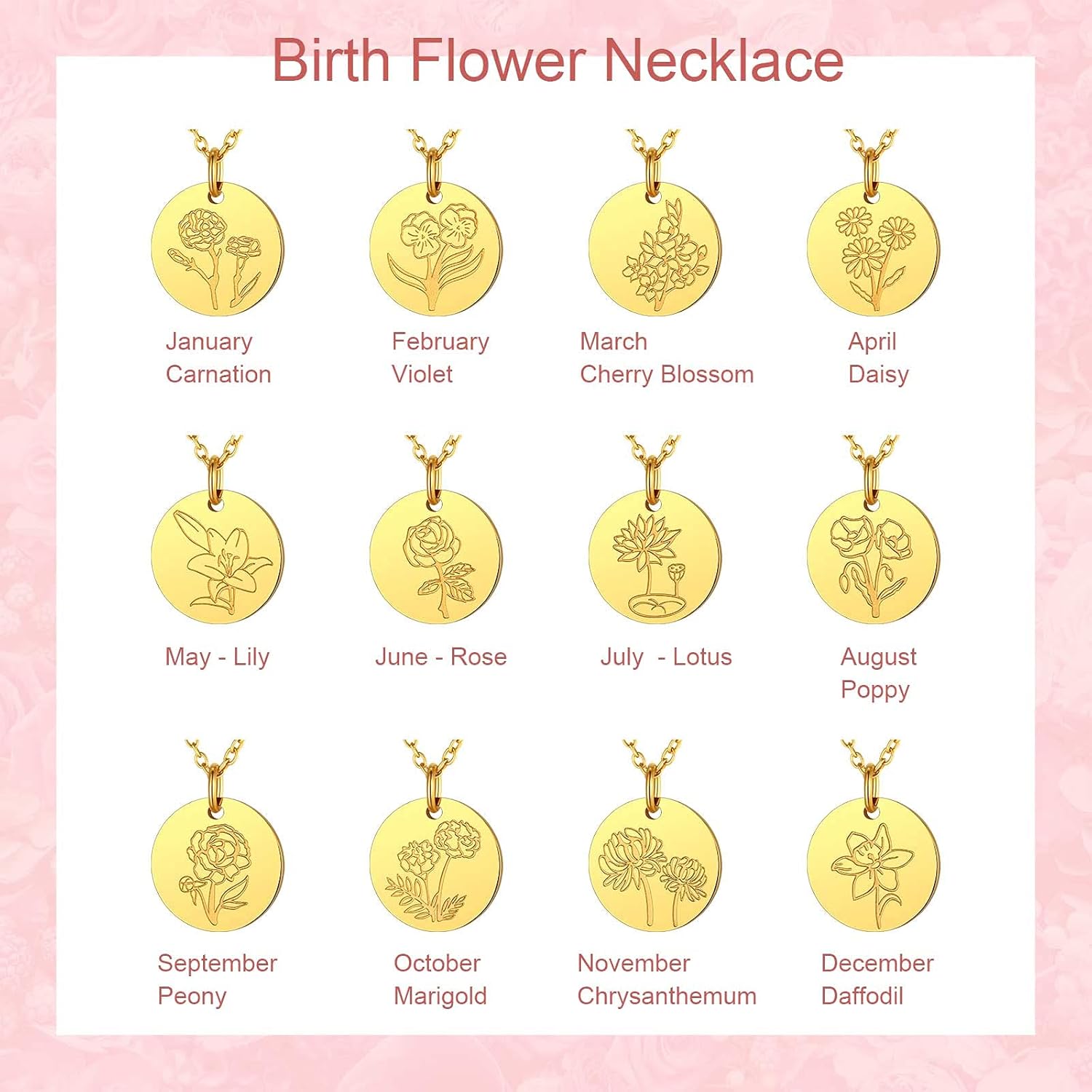 Jan. to Dec. Guardian Month Floral Birth Flower Disc Necklaces