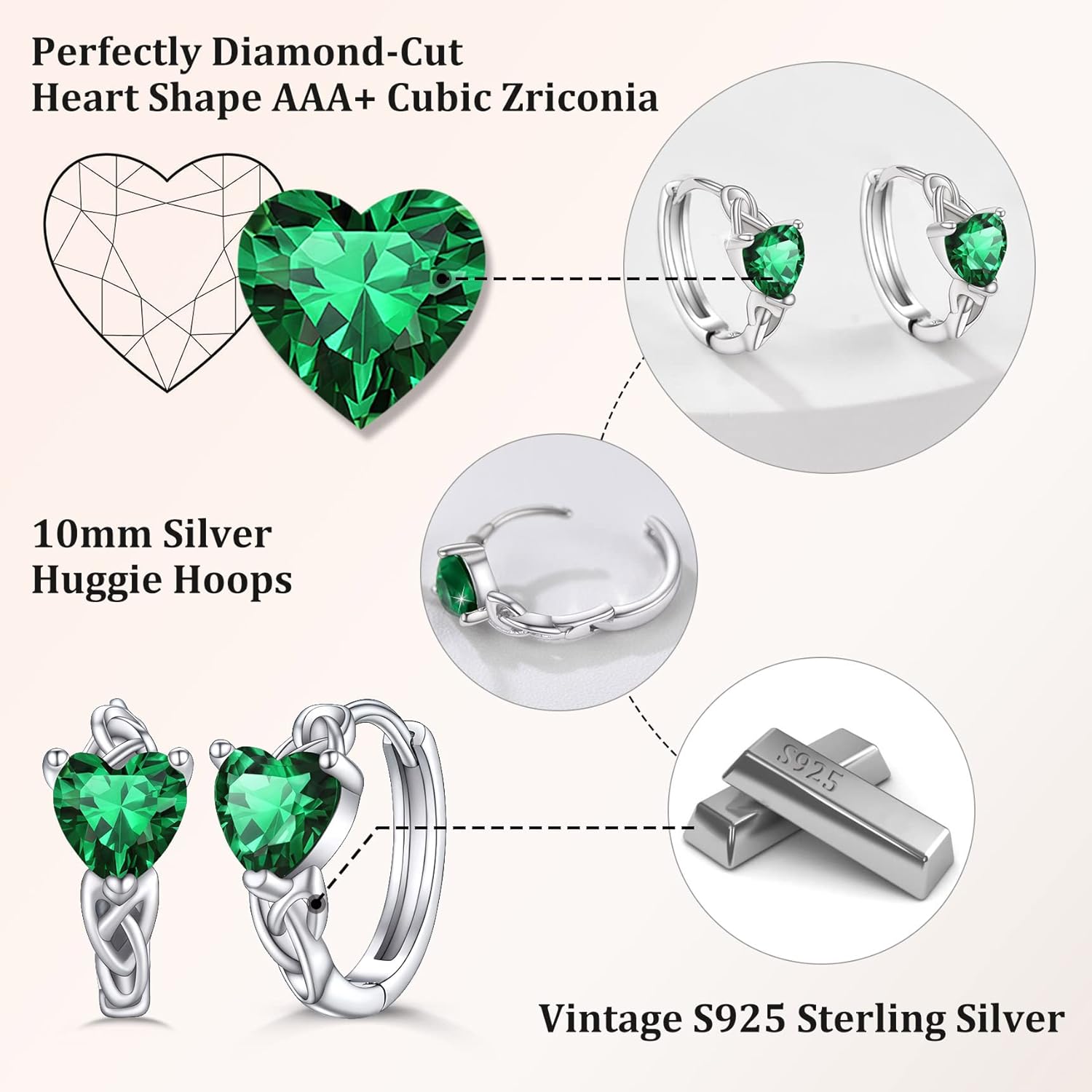 May Green Emerald Heart Celtic Knot Birthstone Hoop Earrings