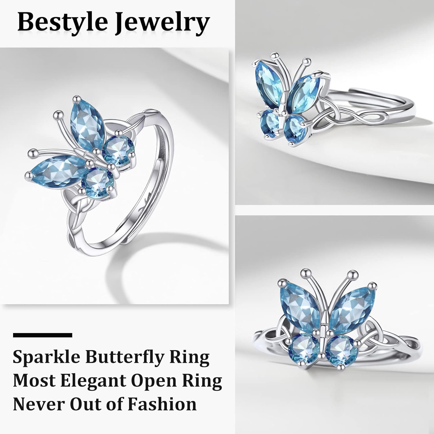 March Aquamarine Butterfly Birthstone Stackable Rings