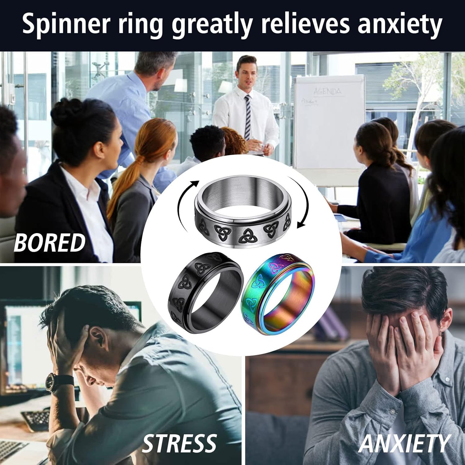 Trinity Celtic Knot Mixed Color Rotatable Anxiety Ring