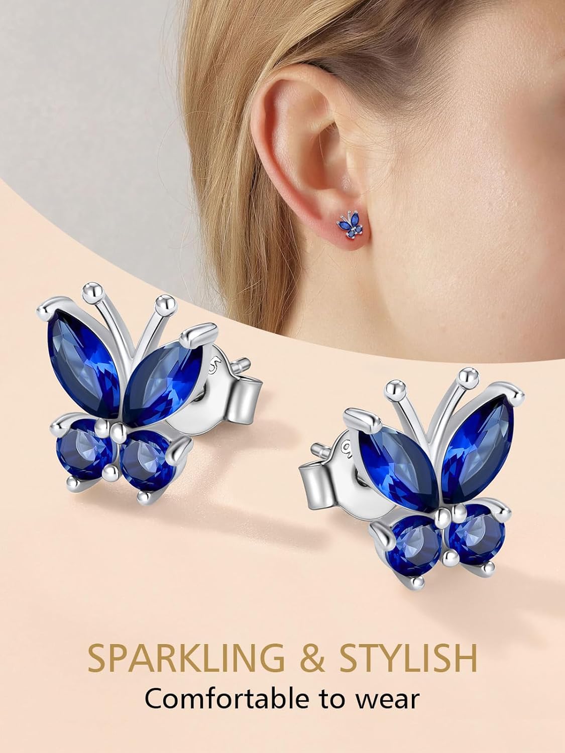 September Sapphire Butterfly Stud Earrings for Women