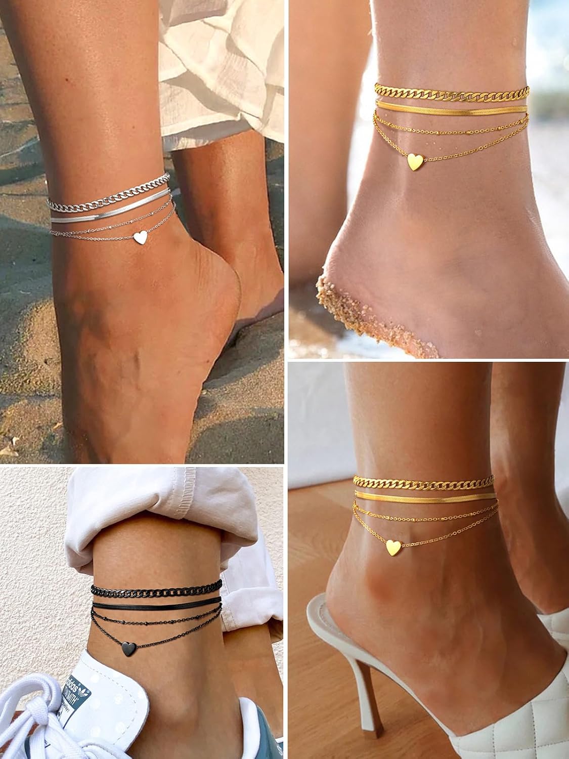 3PCS Cuban & Herringbone & Beaded Heart Ankle