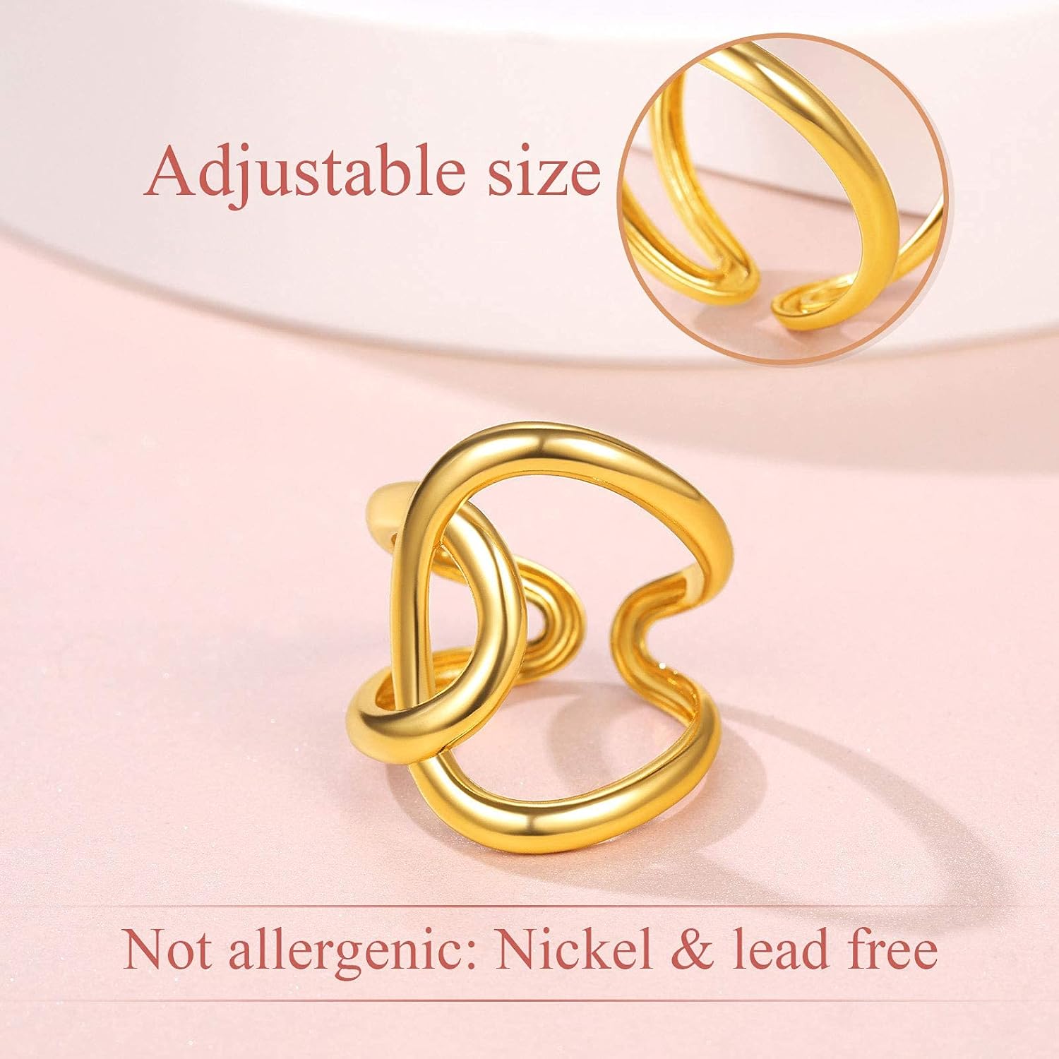 Gold Plated Crossover Stacking Adjustable Rings Details: Dimensions, Hypoallergenic, Adjustable size for 6~11