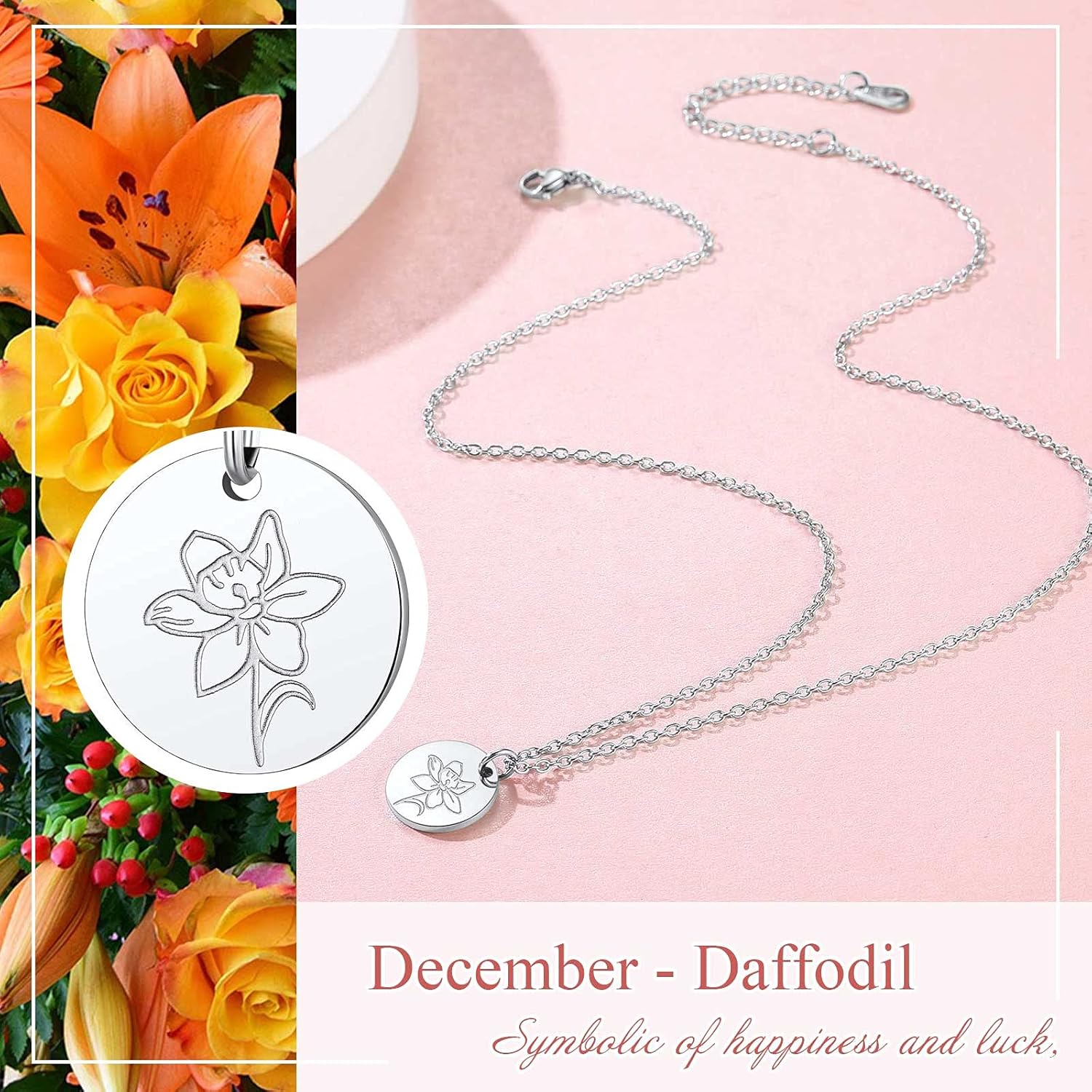 Jan. to Dec. Guardian Month Floral Birth Flower Disc Necklaces