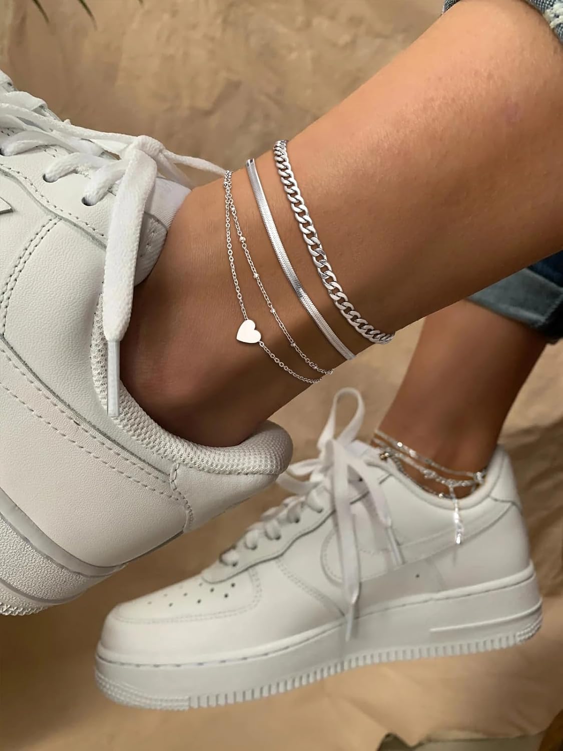 3PCS Cuban & Herringbone & Beaded Heart Ankle Set