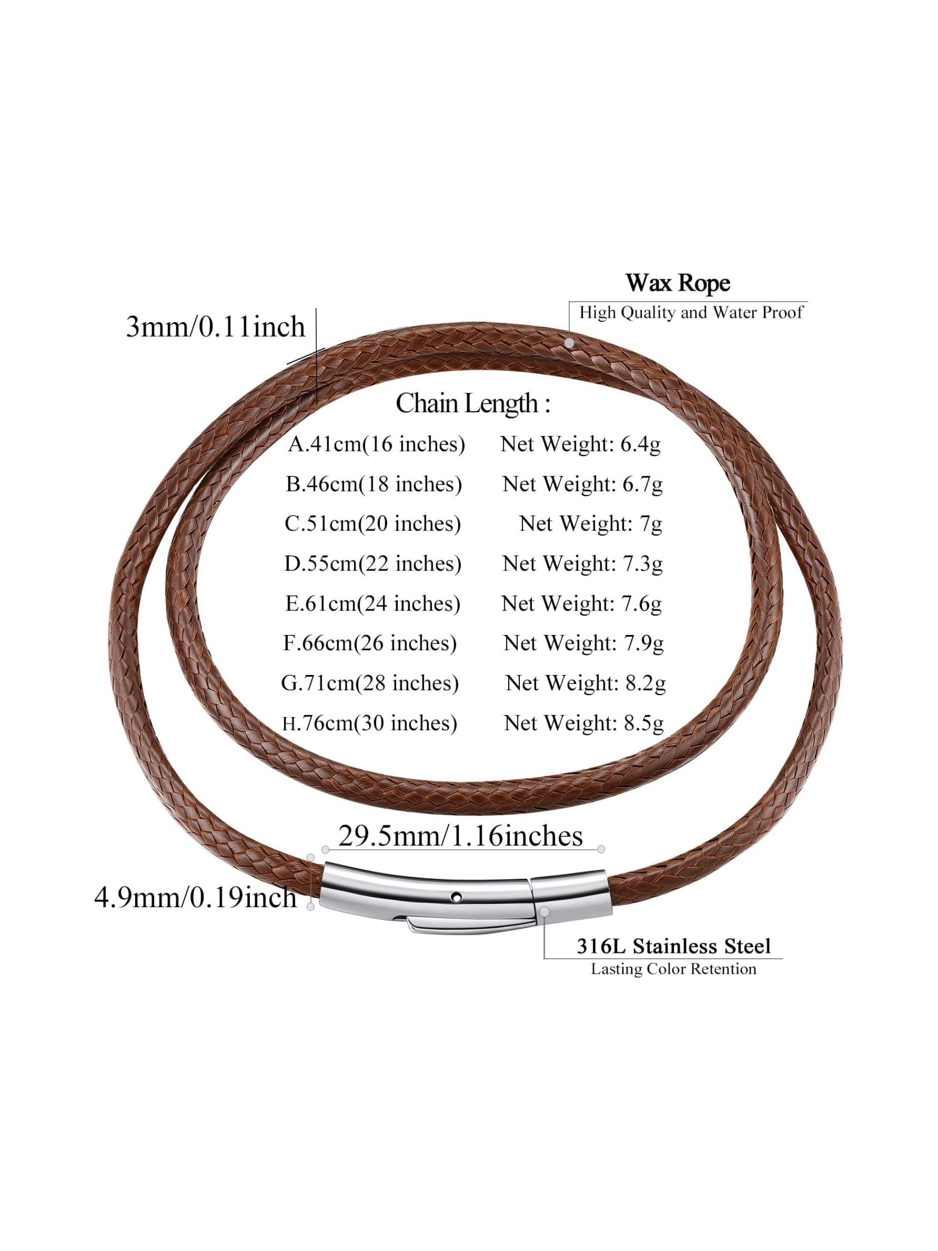 3mm Brown Braided Cord Leather Necklace with Stainless Steel Clasp 