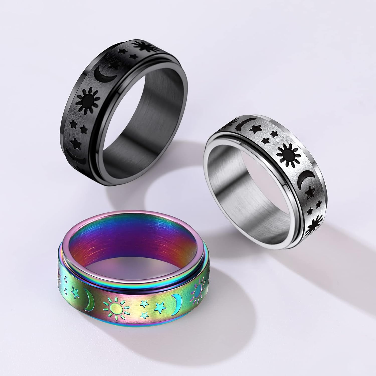 Stainless Steel Spinner Moon and Sun Mixed Color Band Rings