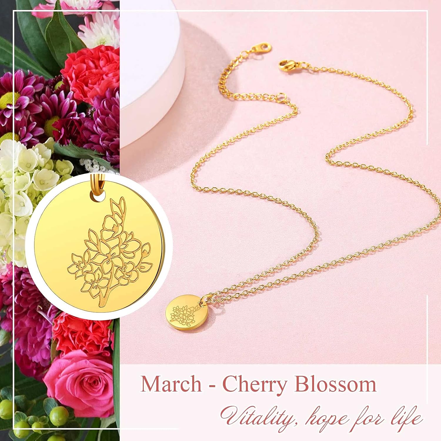Jan. to Dec. Guardian Month Floral Birth Flower Disc Necklaces
