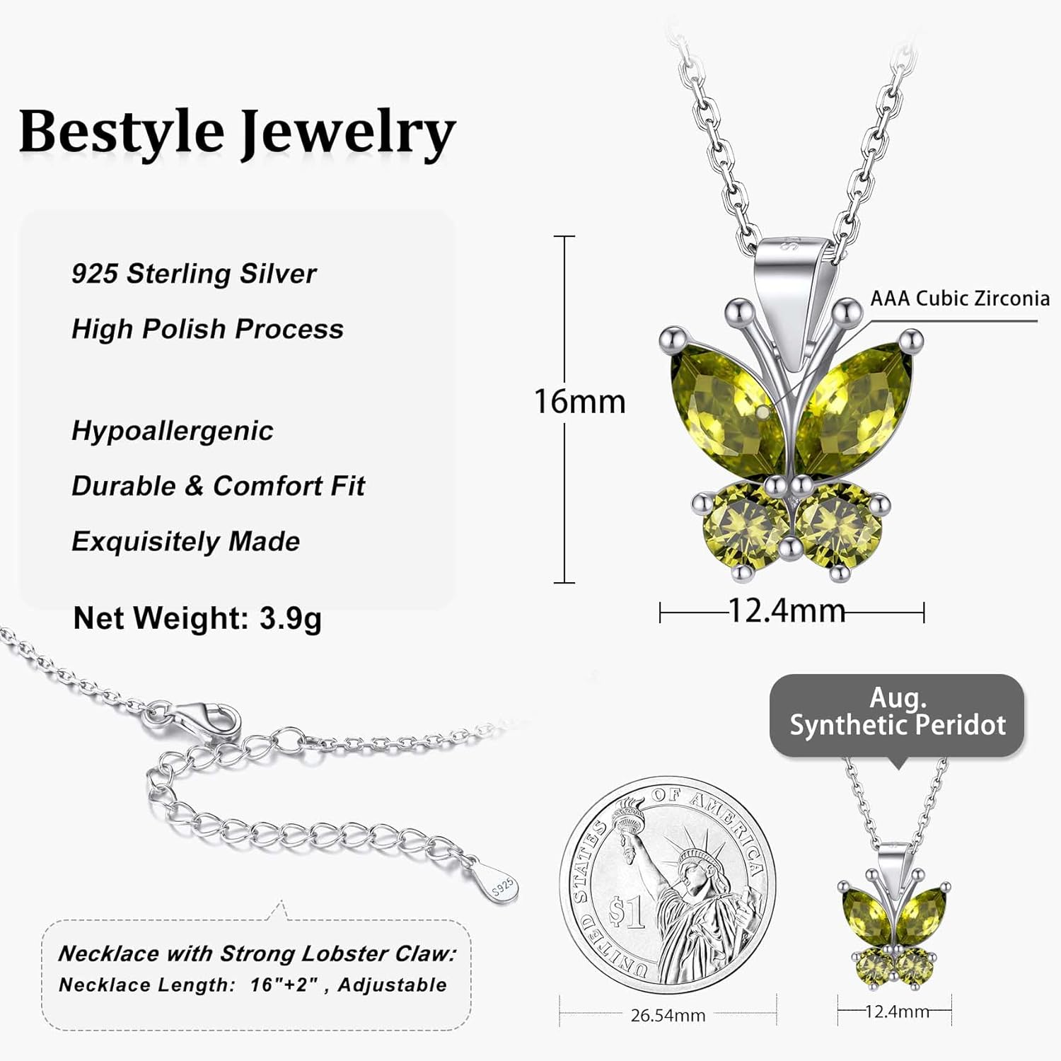 Dazzling August Peridot Butterfly Birthstone Necklace