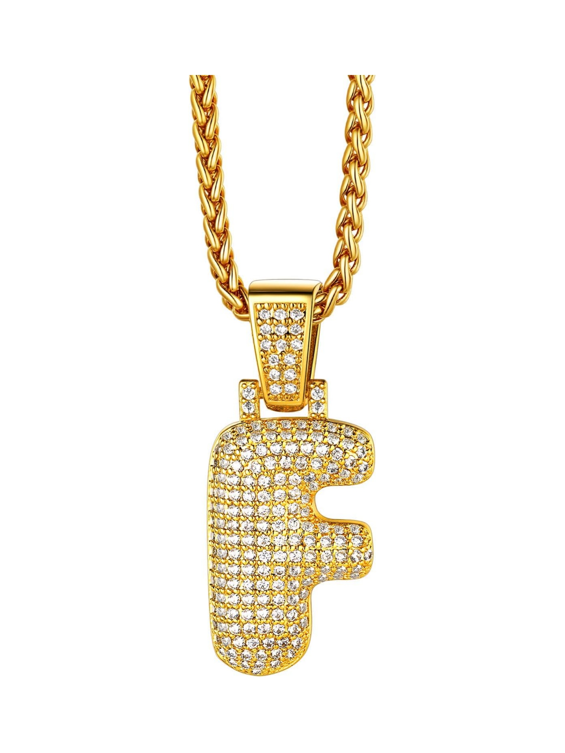 Initial Bubble F 18K Gold Plated Shiny Cubic Zirconia Monogram Pendant Necklaces