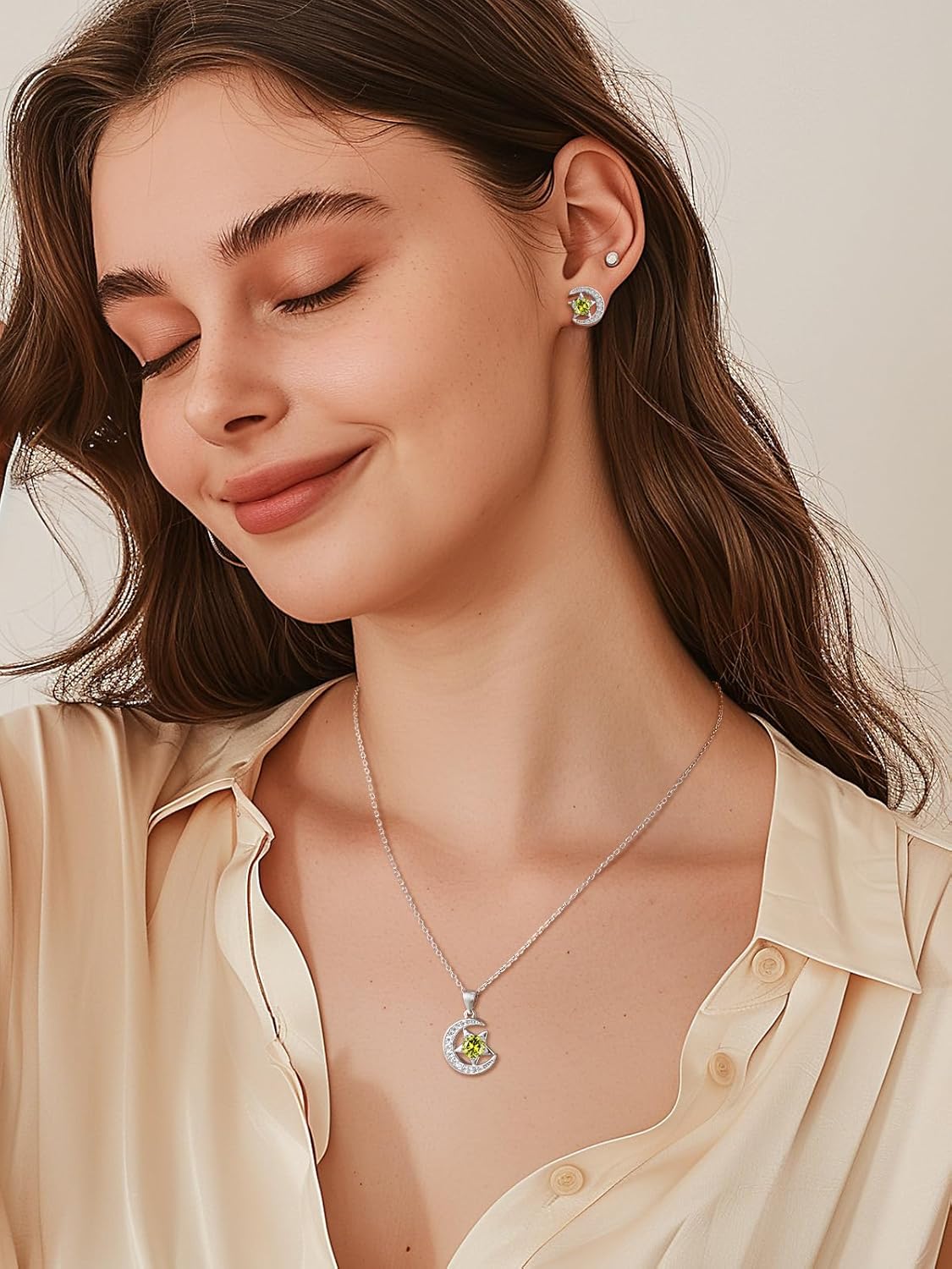 Sparkly Sterling Silver Cute Moon Star Birthstone Necklace