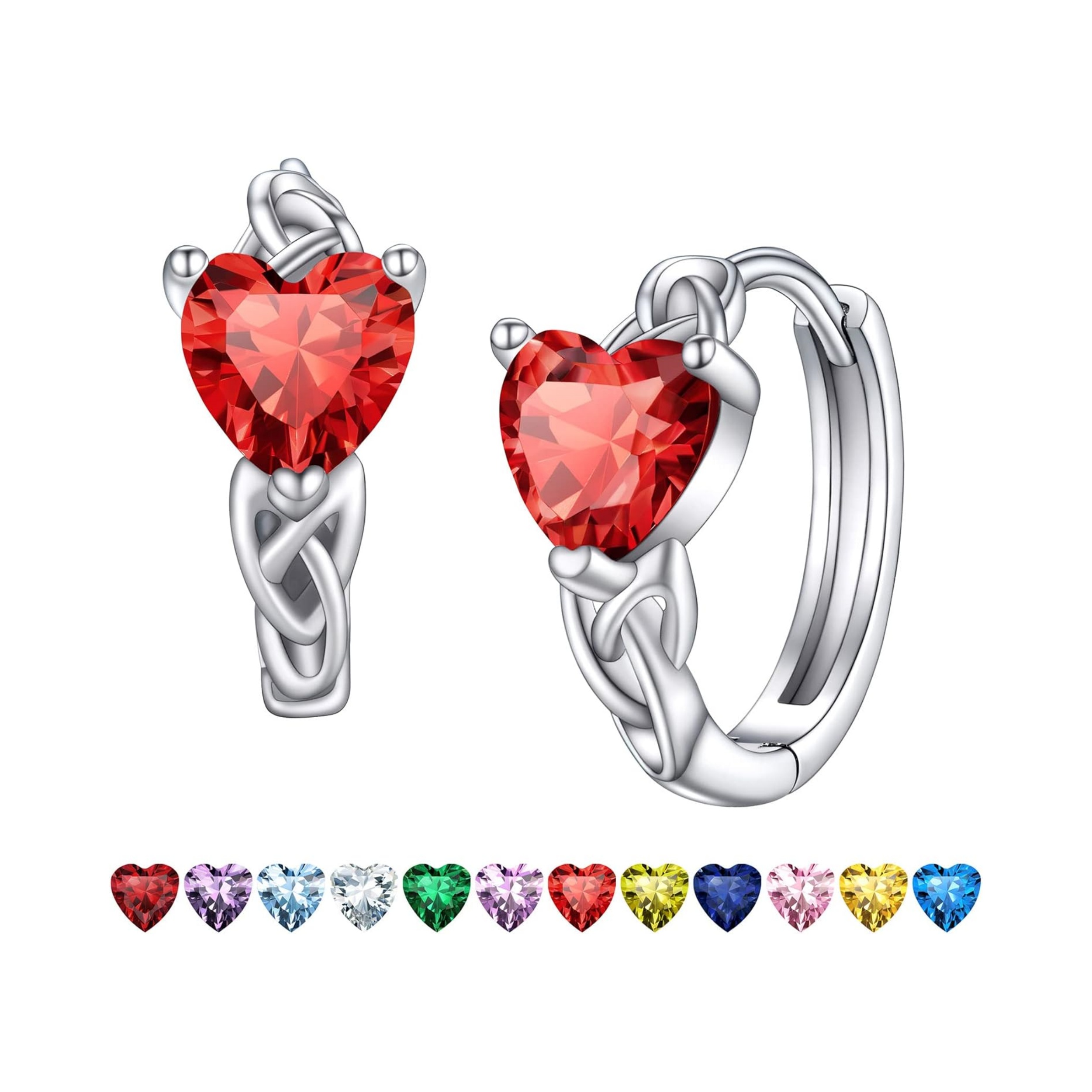 July Red Ruby Heart Celtic Knot Birthstone Hoop Earrings