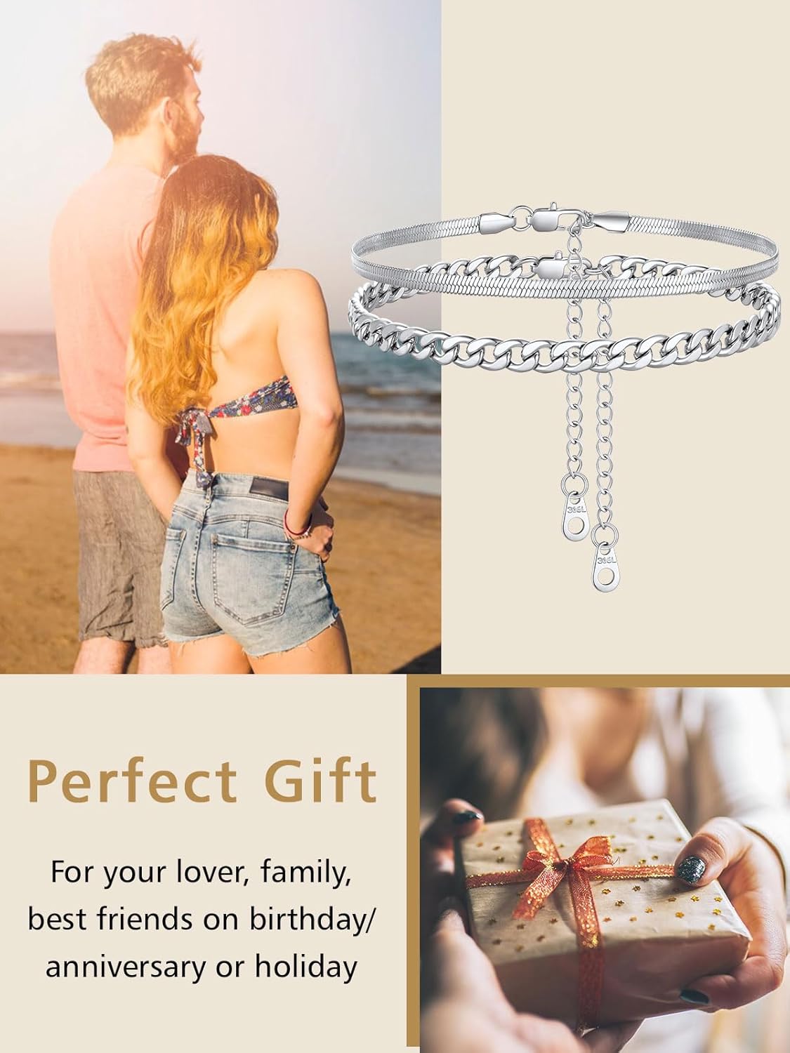 2PCS Cuban & Herringbone Ankle Set， ChicSilver Jewelry gift Package, memorial gift