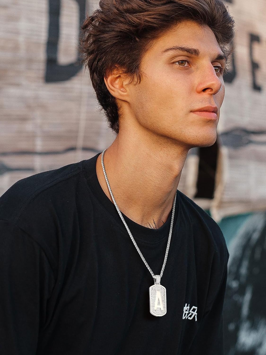 Initial Letter Pendant Cubic Zirconia Dog Tag Necklace