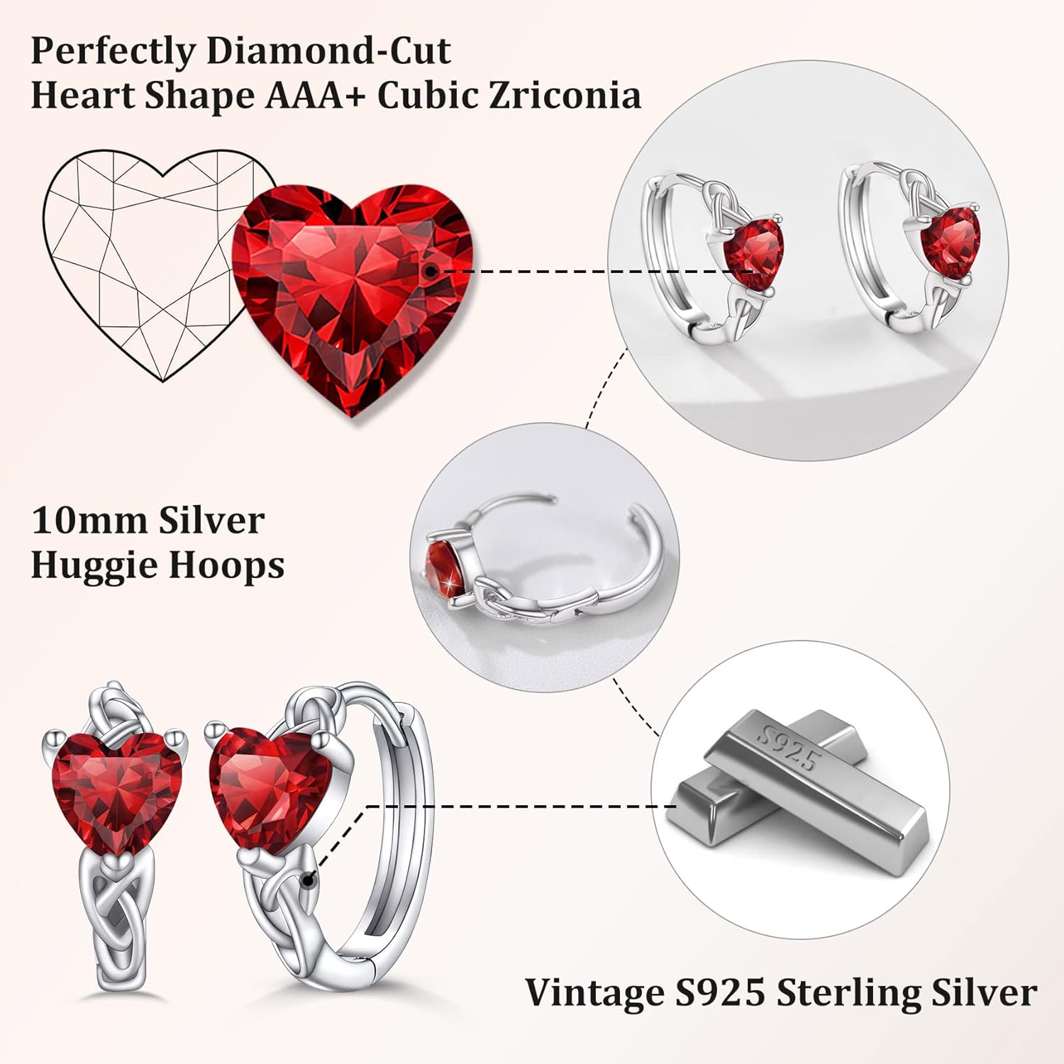 January Red Garnet Heart Celtic Knot Birthstone Hoop Earrings