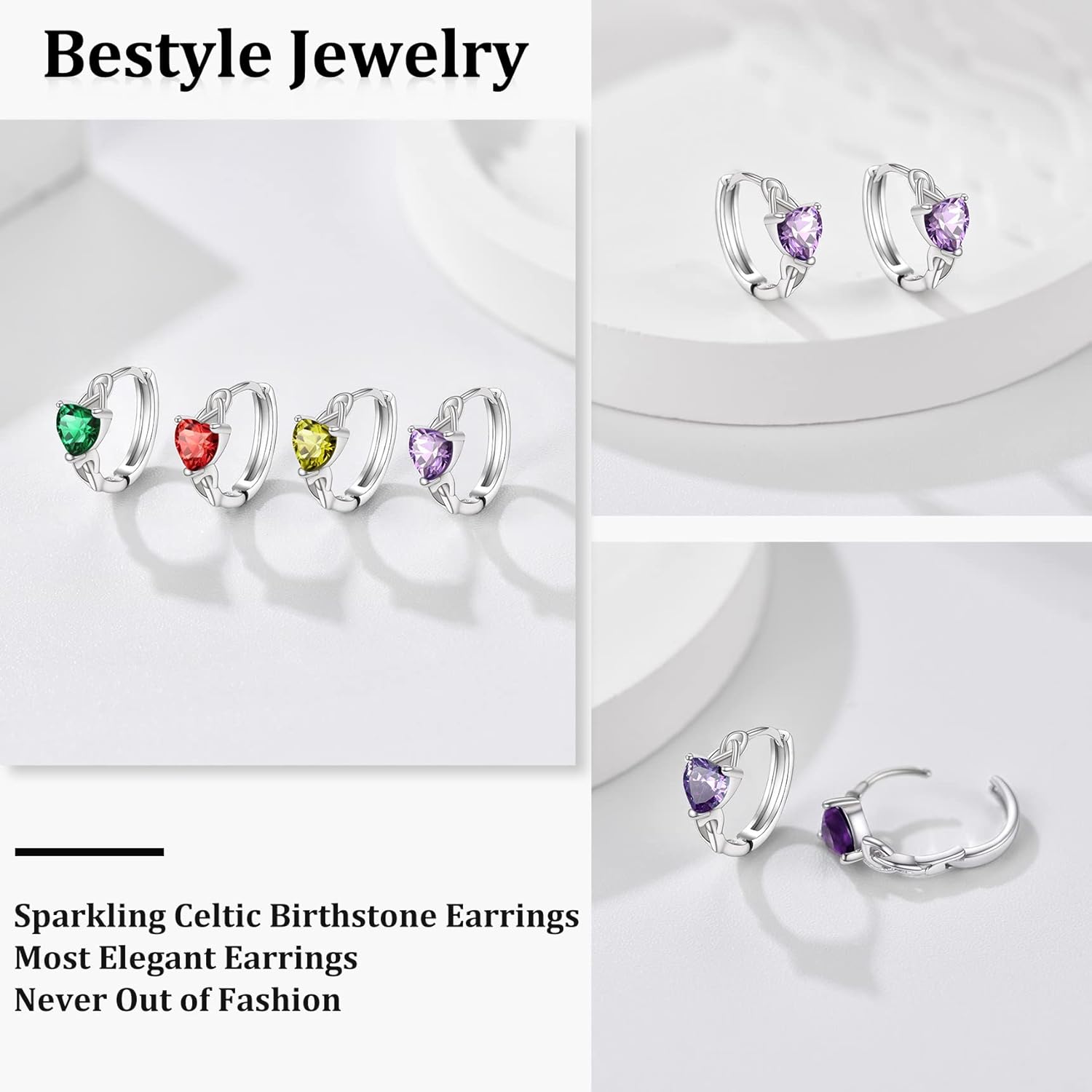 June Purple Alexandrite Heart Celtic Knot Birthstone Hoop Earrings