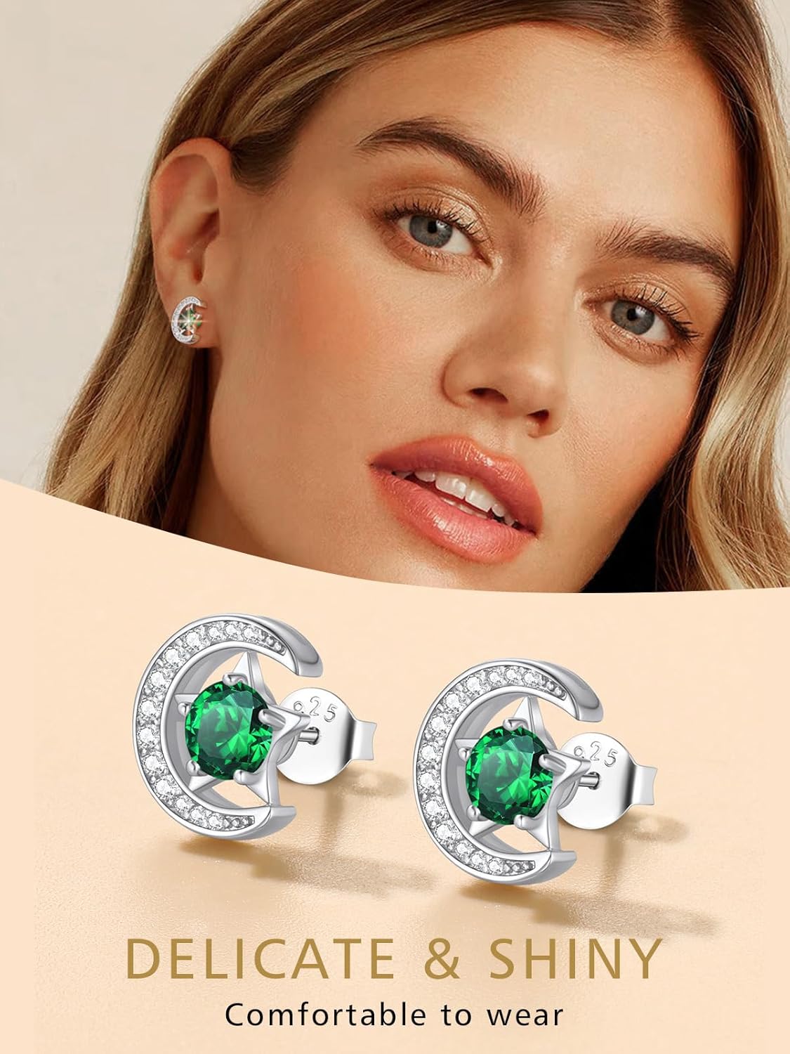 Sparkly Sterling Silver Cute Moon Star Birthstone Star Earrings