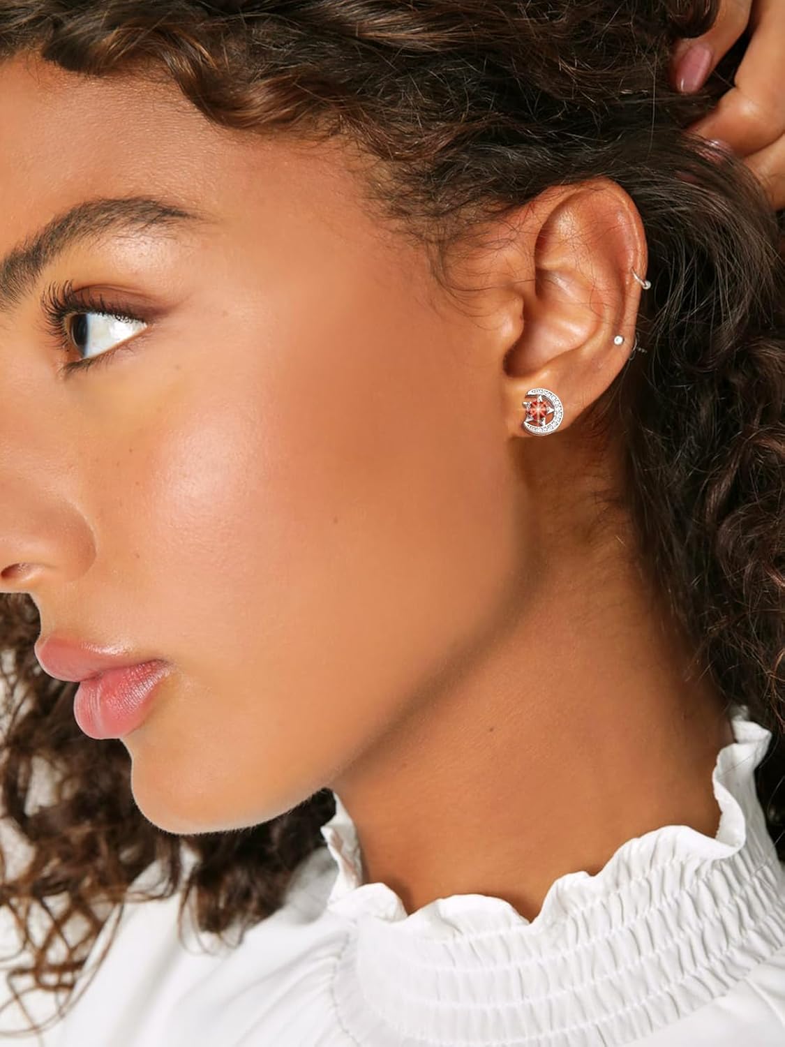 Sparkly Sterling Silver Cute Moon Star Birthstone Star Earrings