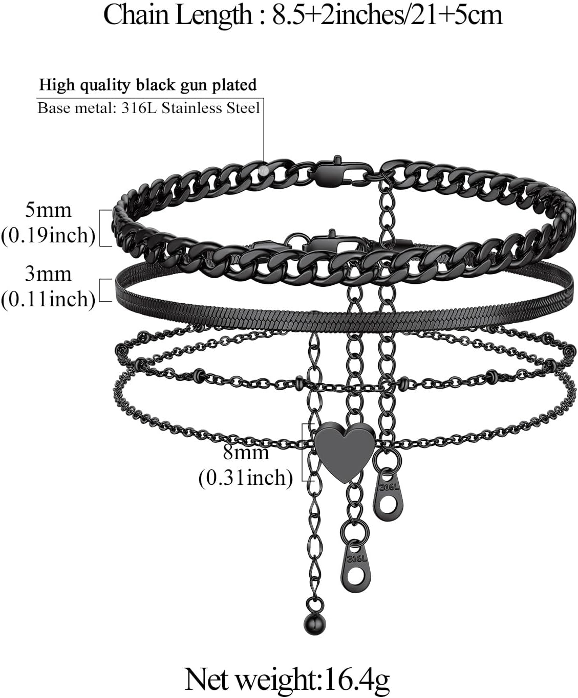 3PCS Cuban & Herringbone & Beaded Heart Ankle