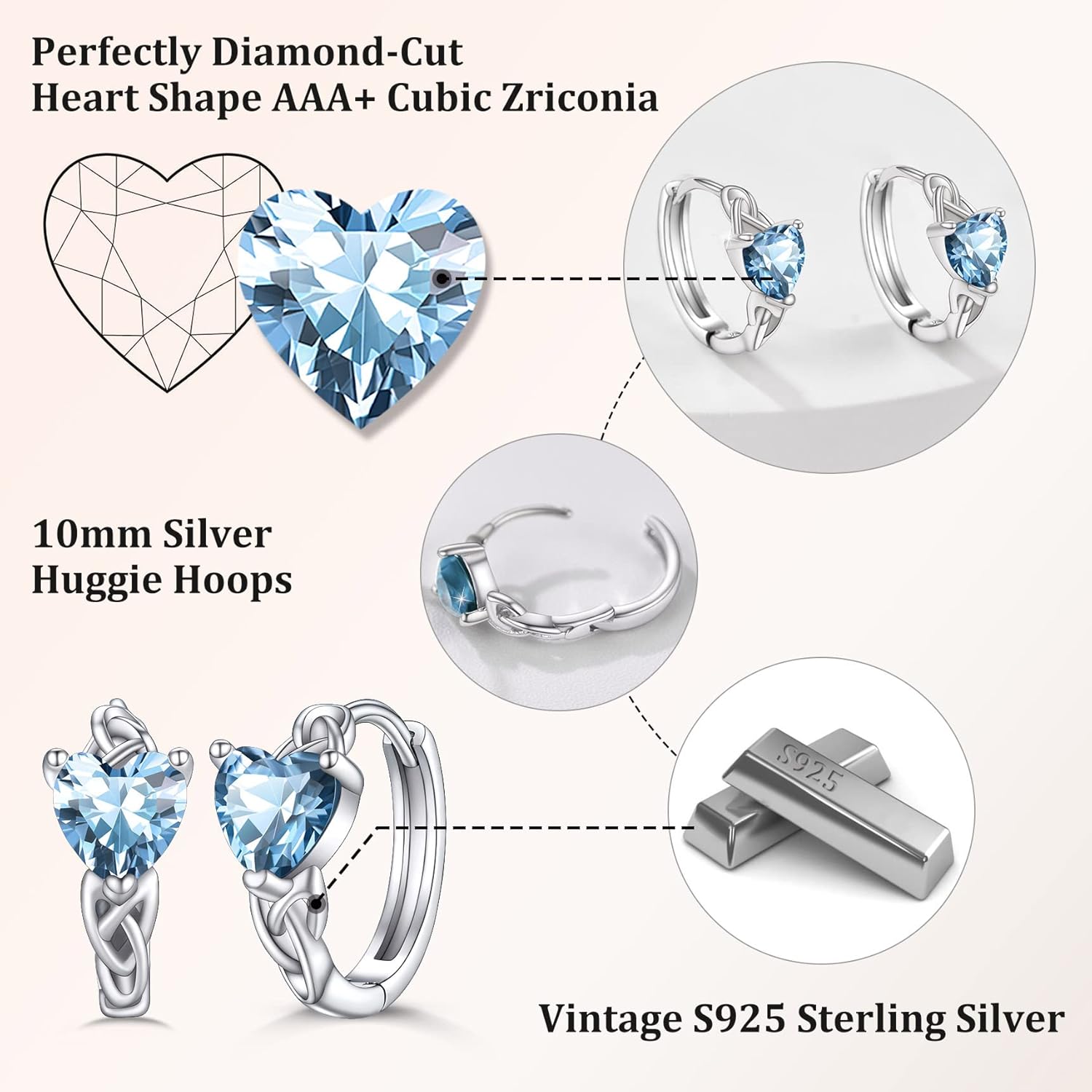 March Blue Aquamarine Heart Celtic Knot Birthstone Hoop Earrings