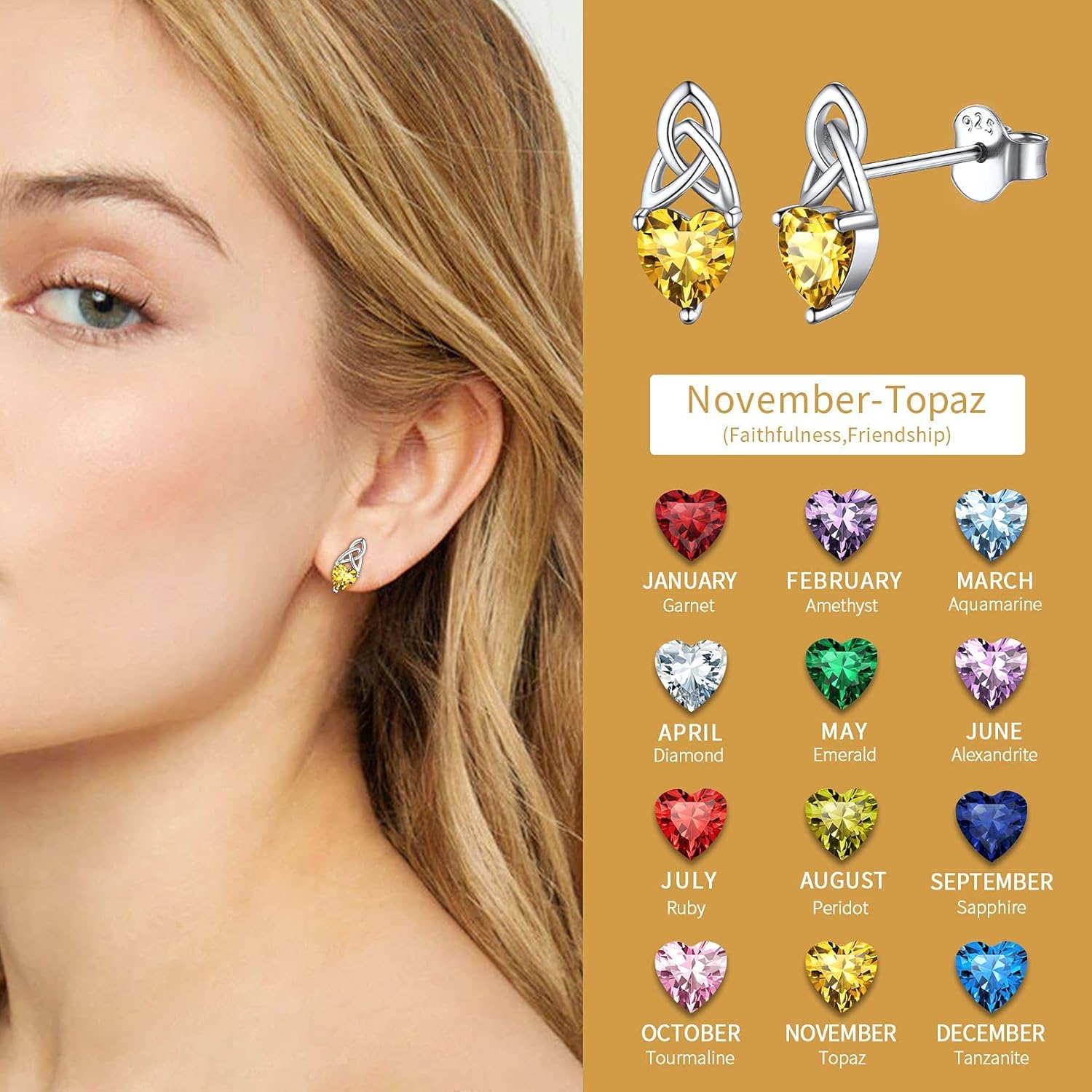 Brilliant Heart Cut Birthstone & Celtic Knot Stud Earrings