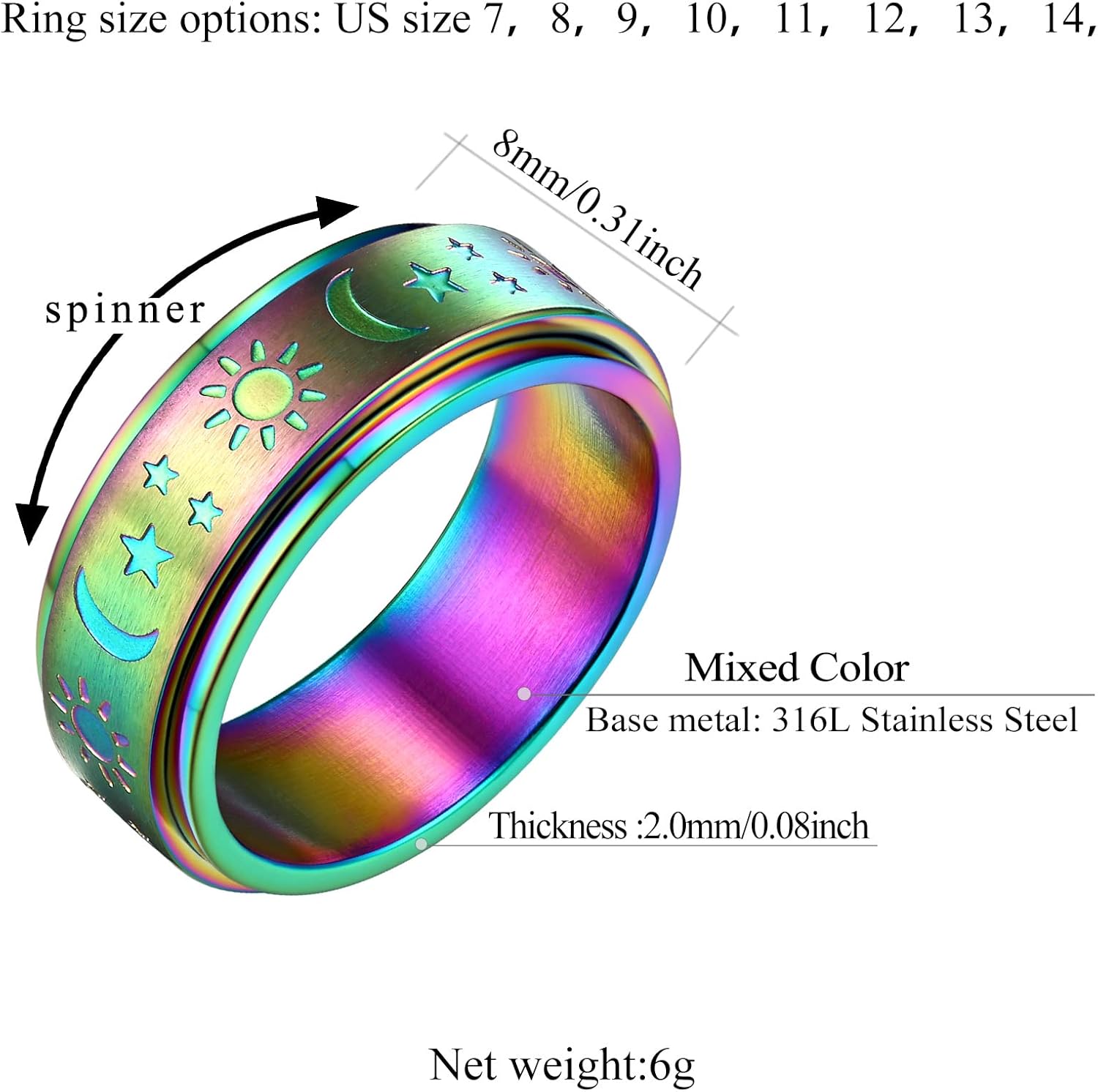 Stainless Steel Spinner Moon and Sun Mixed Color Band Rings
