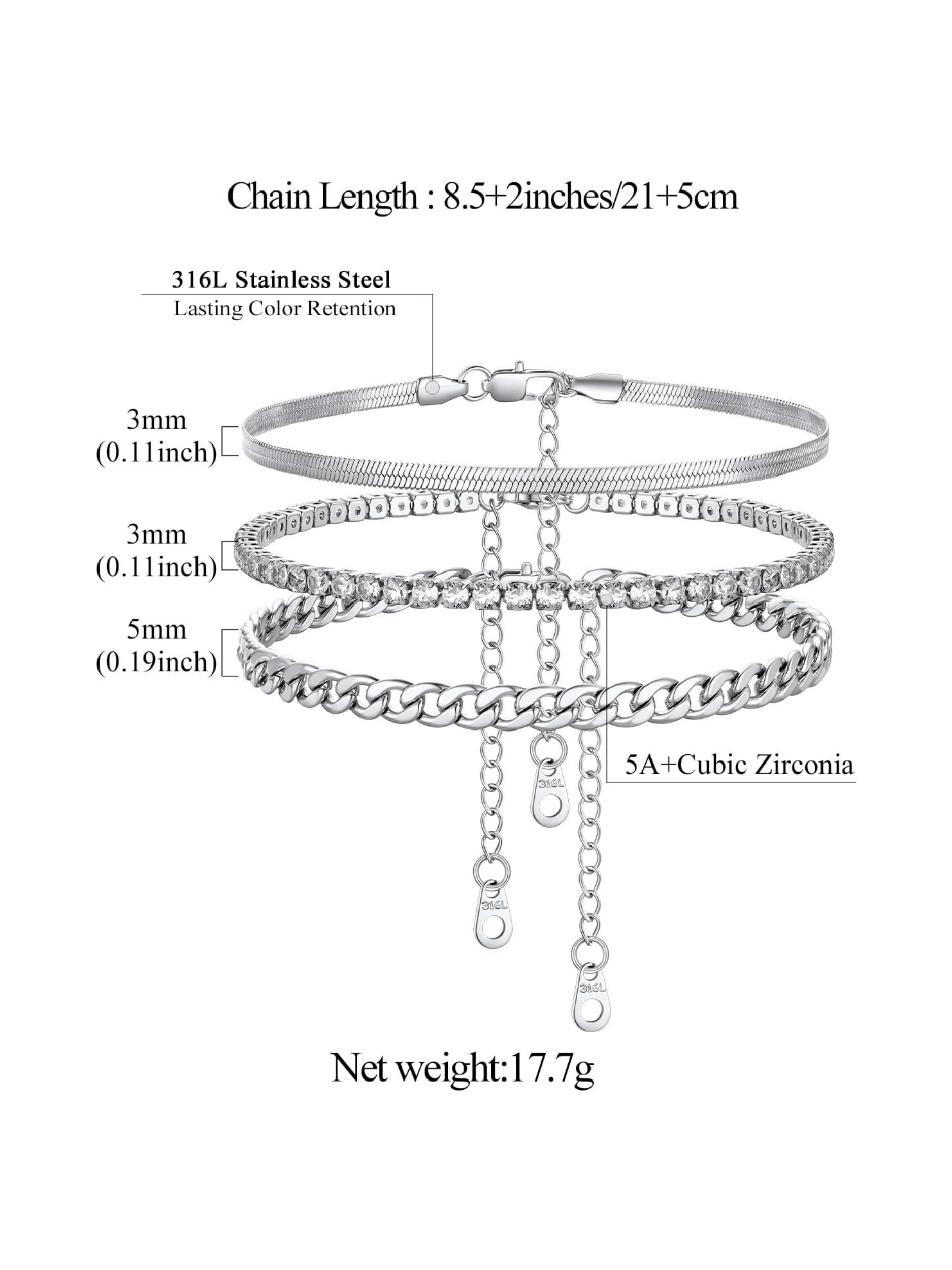 3PCS Herringbone & Tennis & Cuban Link Herringbone Link Foot Jewelry Set