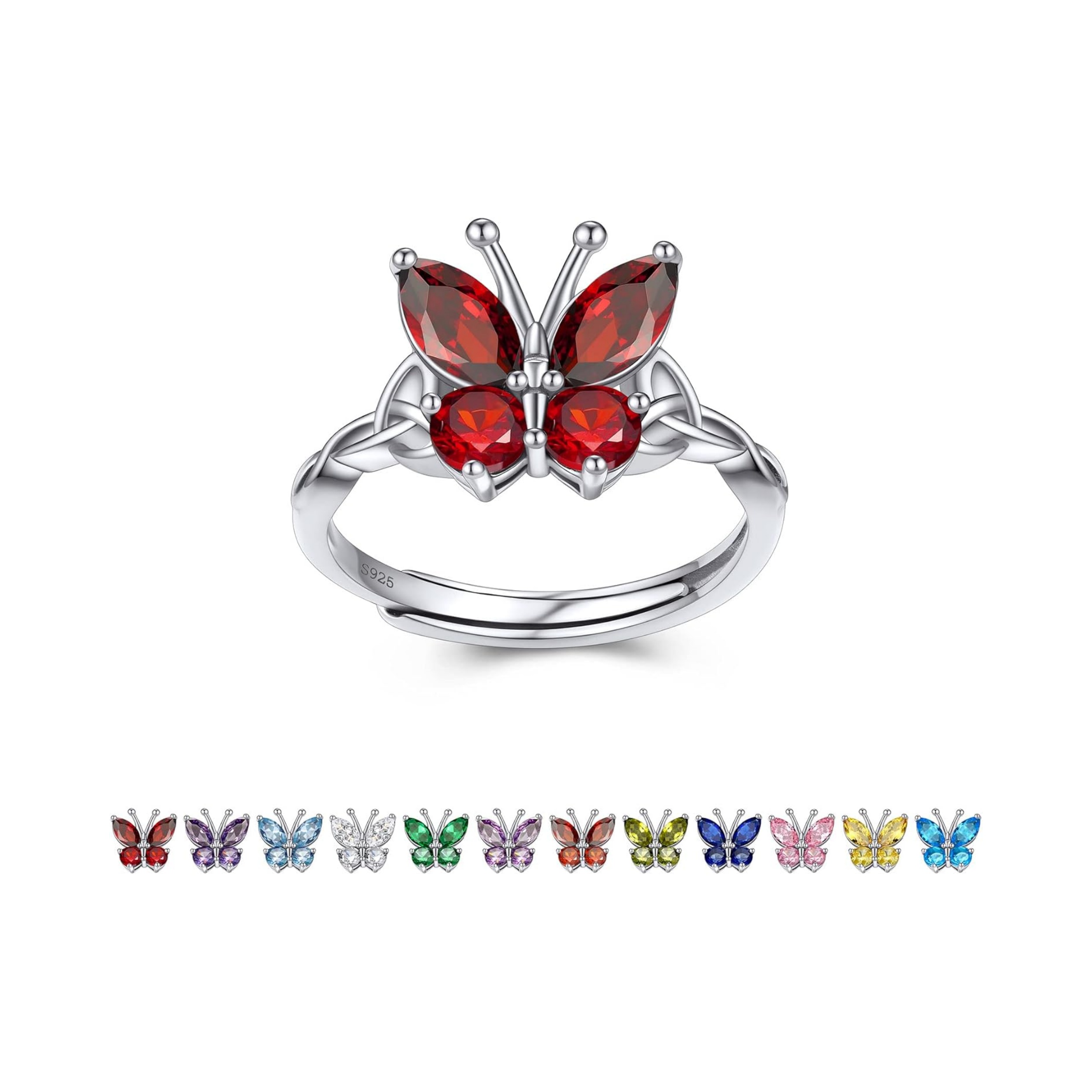 January Garnet Butterfly Birthstone Stackable Rings