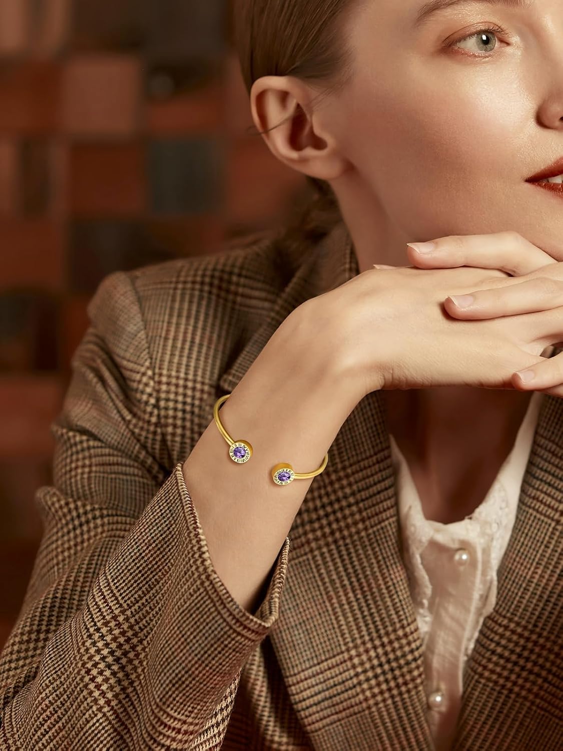 Stainless Steel Birthstones Cuff Bracelets with Roman Numerals  for Women