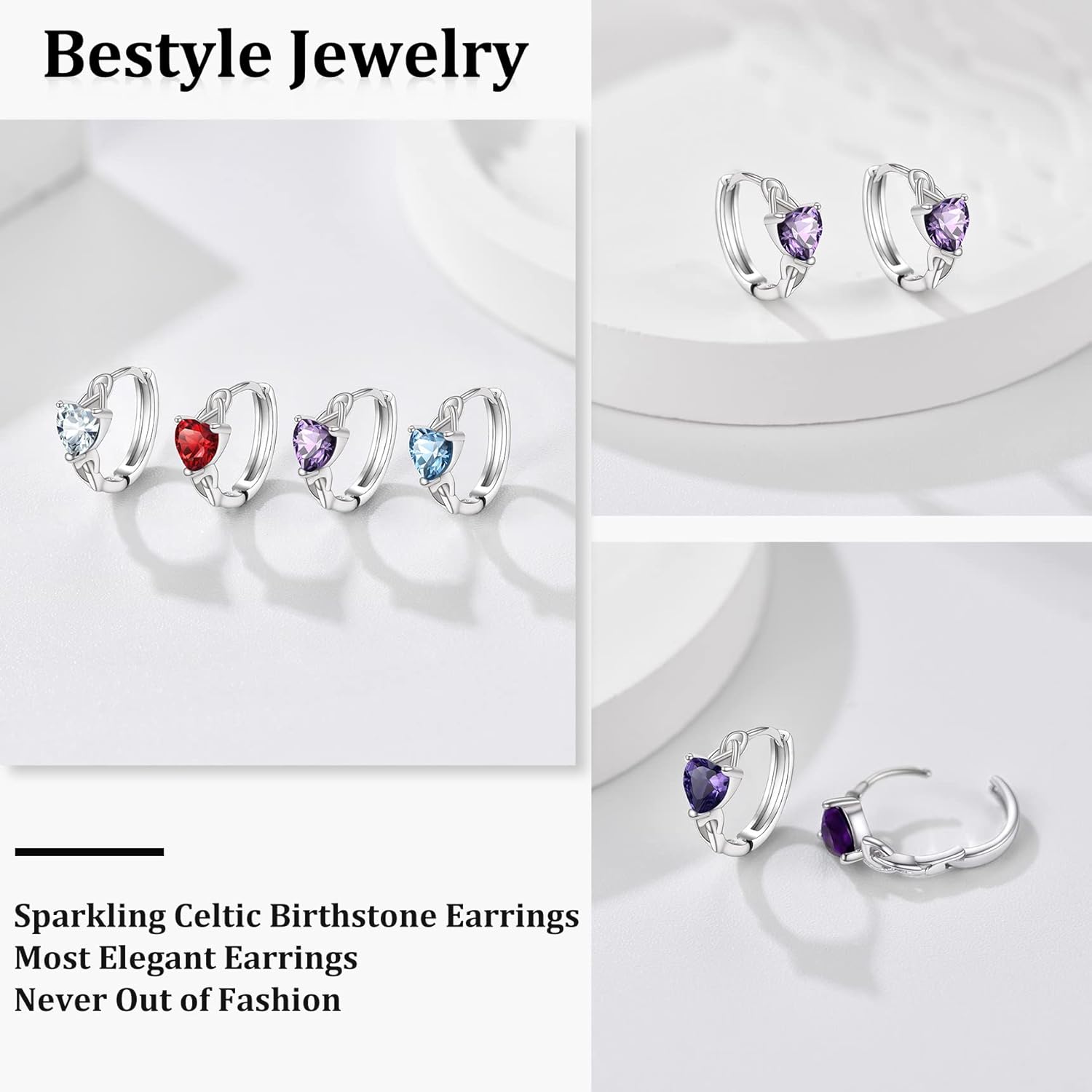 February Purple Amethyst Heart Celtic Knot Birthstone Hoop Earrings