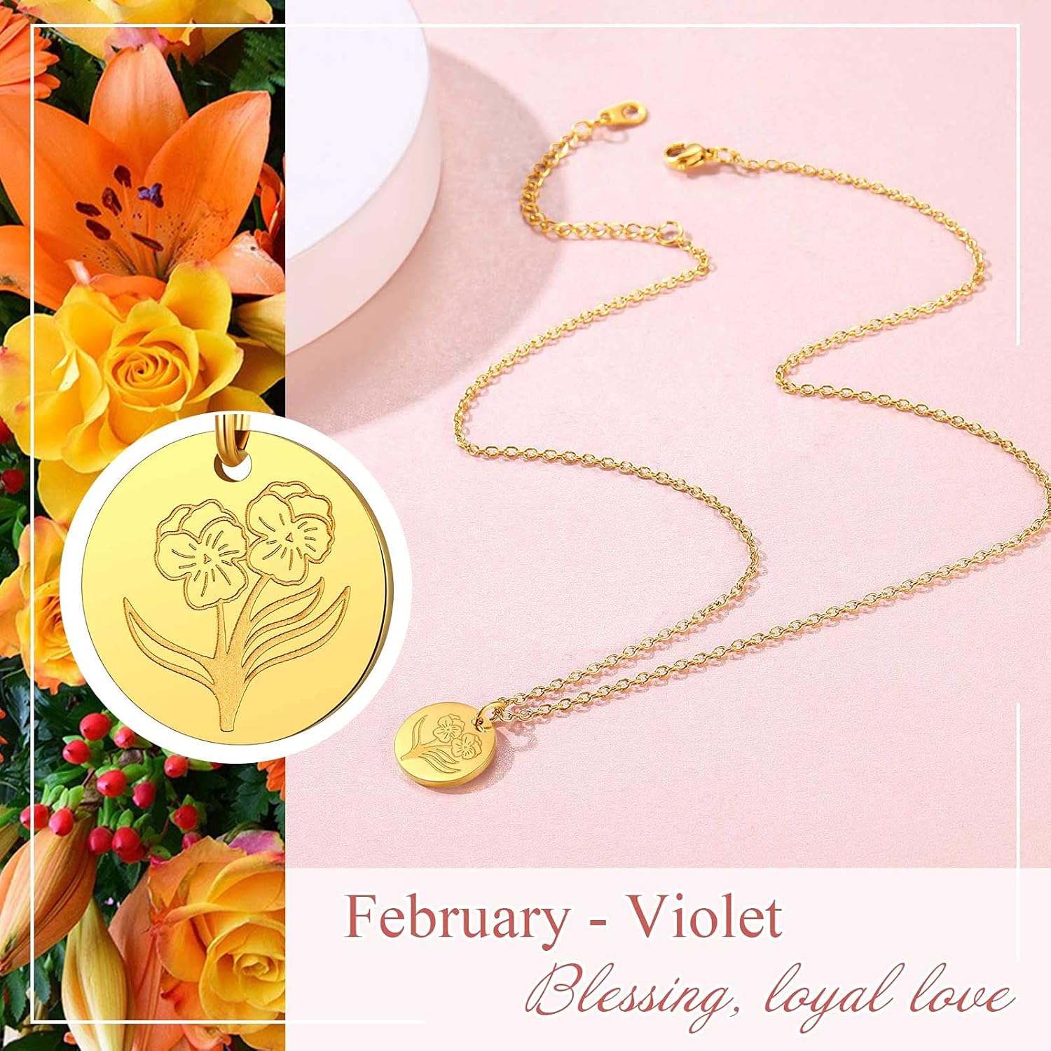 Jan. to Dec. Guardian Month Floral Birth Flower Disc Necklaces