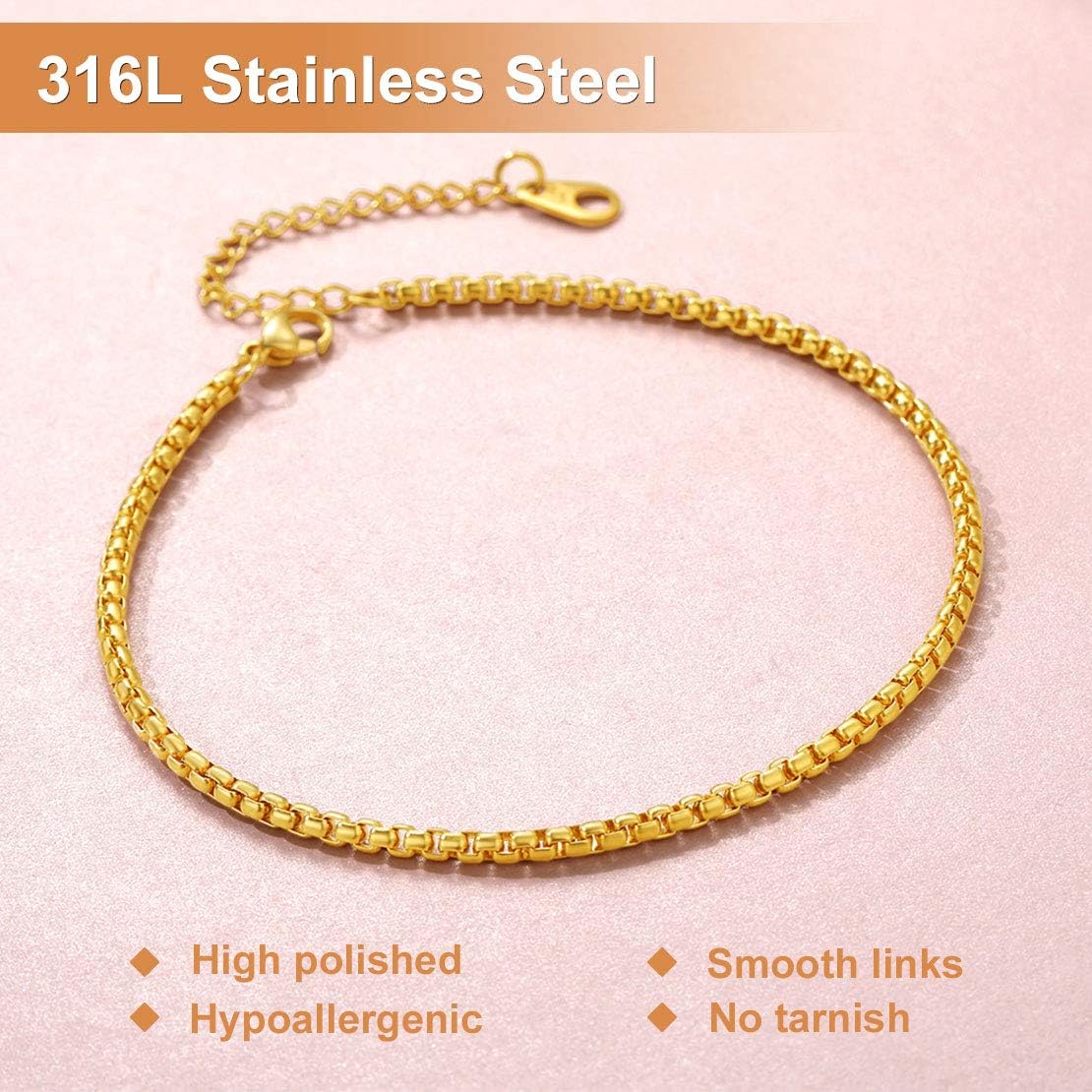 Stainless Steel Adjustable Box Link Chains Ankle