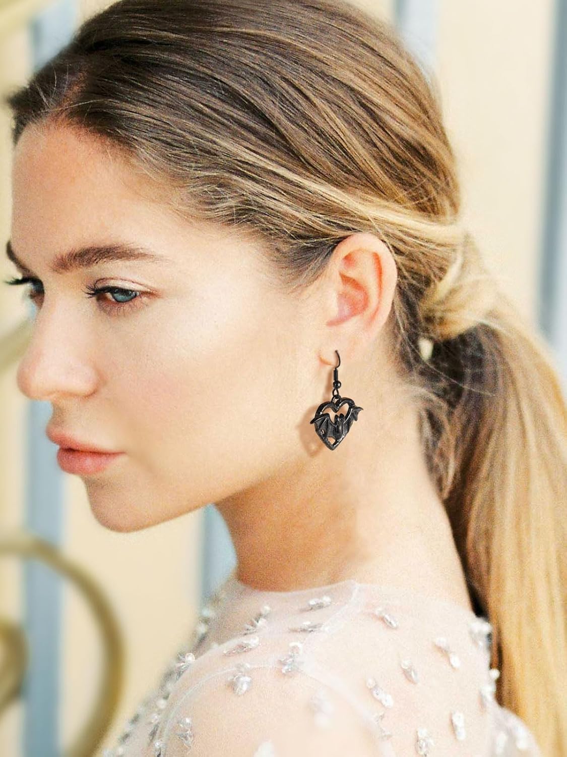 Stainless Steel Heart Bat Dangle Earrings for Women