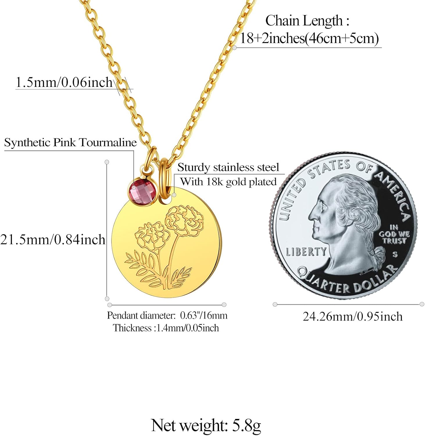 Jan. to Dec. Guardian Month Floral Birth Flower & Birthstone Disc Necklaces