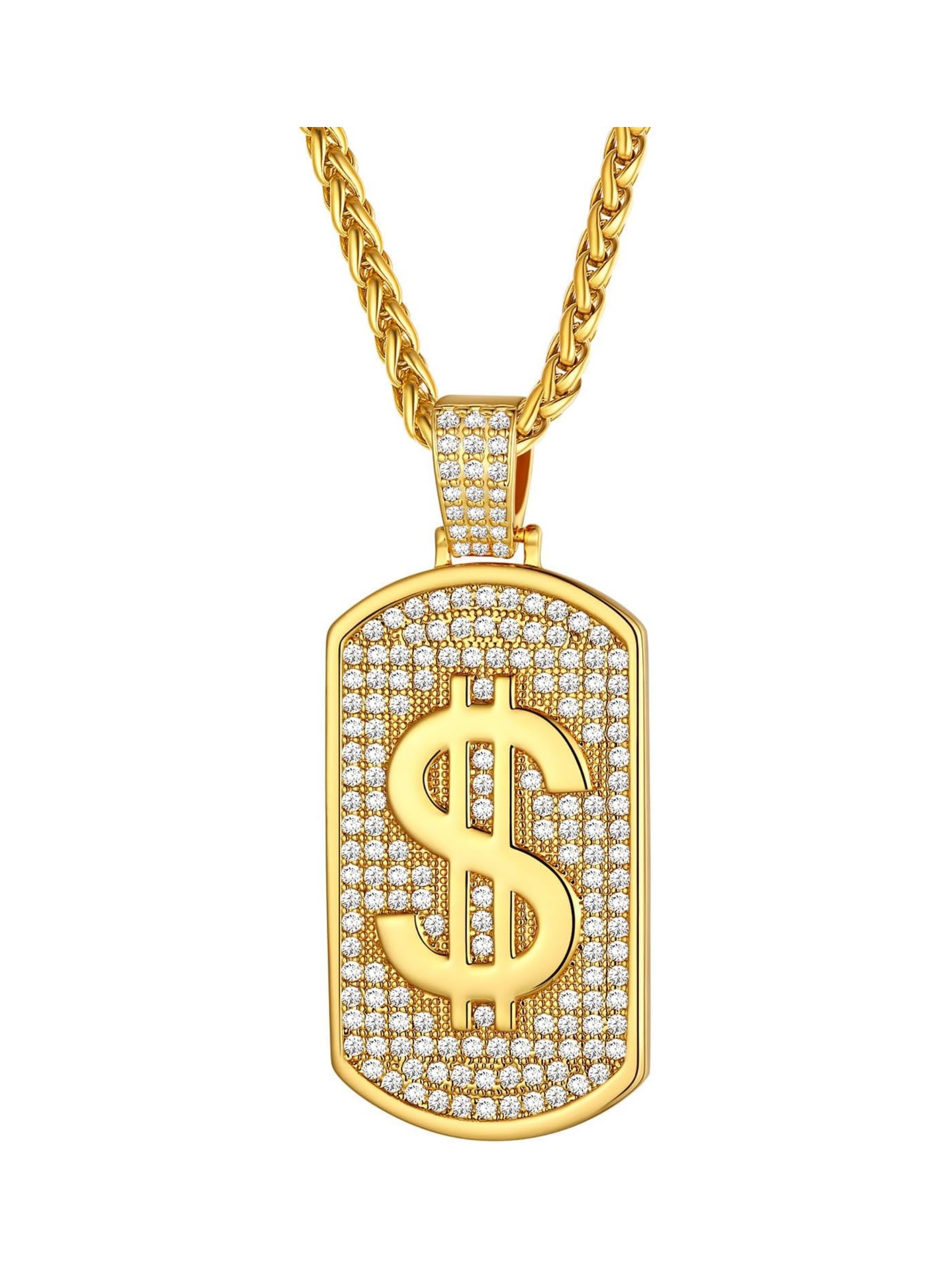 Money Chain Dog Tag Dollar Sign Cubic Zirconia Necklaces