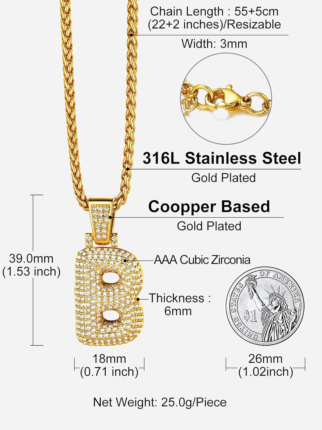 Initial Bubble B 18K Gold Plated Shiny Cubic Zirconia Monogram Pendant Necklaces