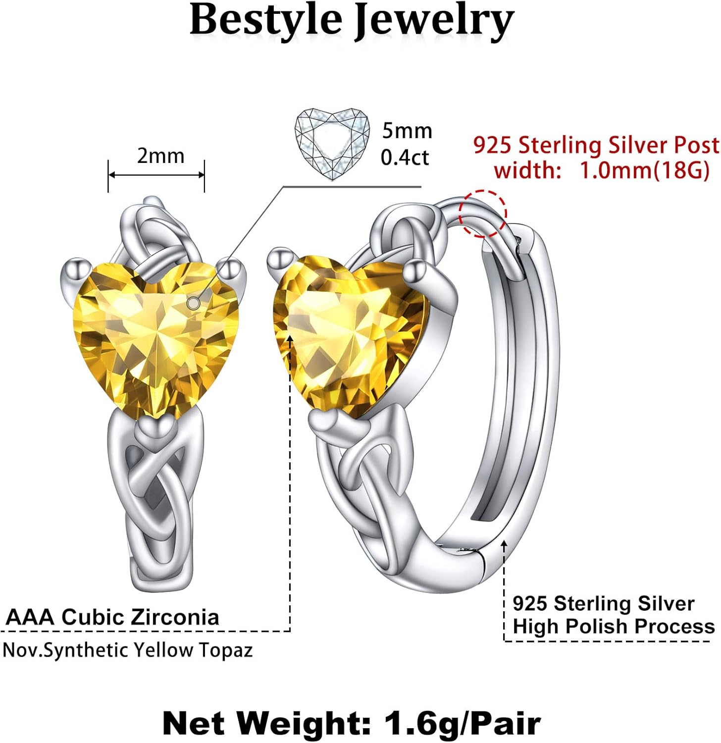 November Yellow Topaz Heart Celtic Knot Birthstone Hoop Earrings