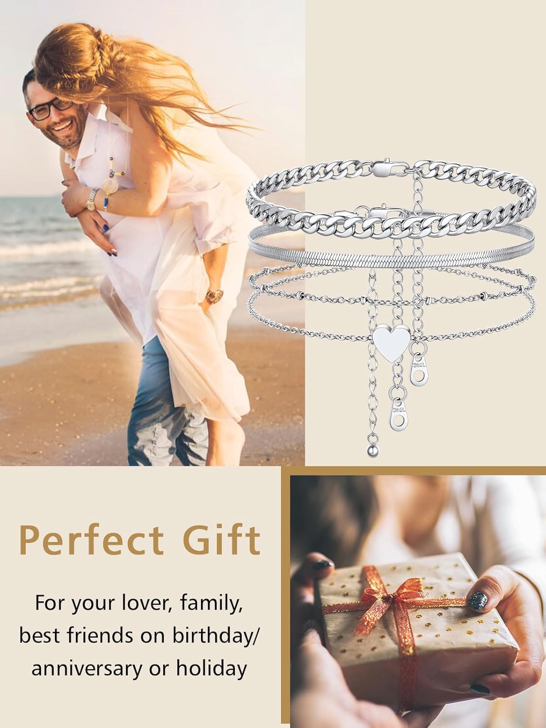 3PCS Cuban & Herringbone & Beaded Heart Ankle Set