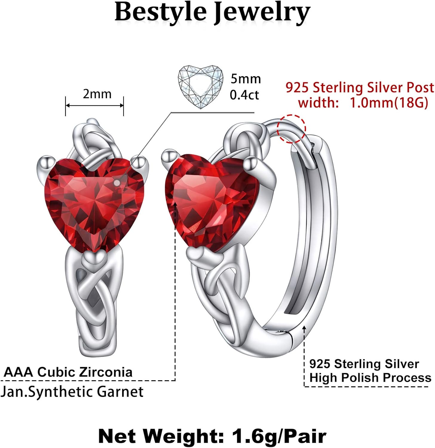 January Red Garnet Heart Celtic Knot Birthstone Hoop Earrings