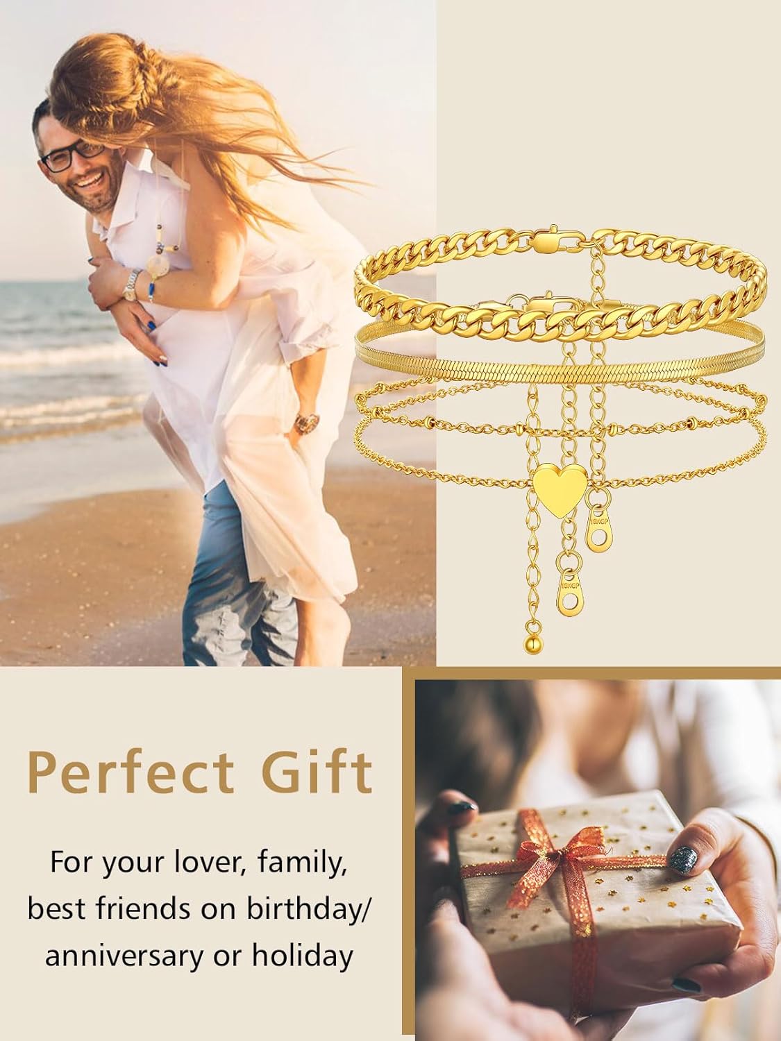 3PCS Cuban & Herringbone & Beaded Heart Ankle Set