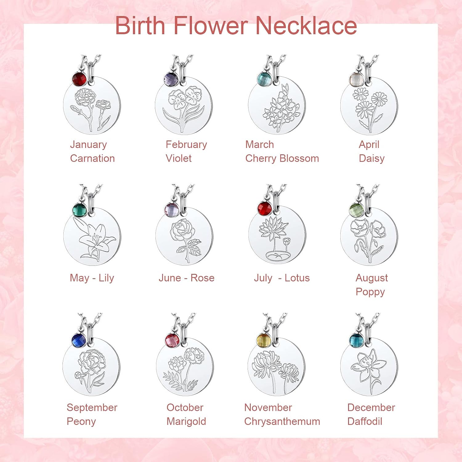 Jan. to Dec. Guardian Month Floral Birth Flower & Birthstone Disc Necklaces