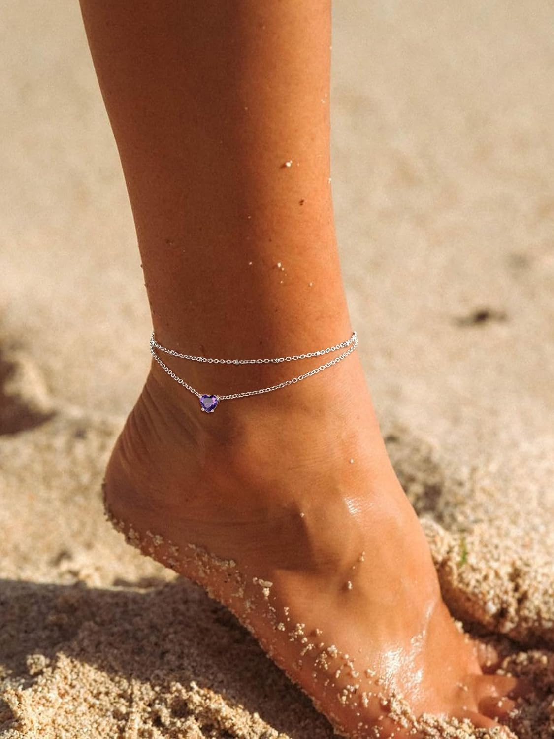 Dainty February Created Amethyst Prong Setting Birthstone Heart Anklets