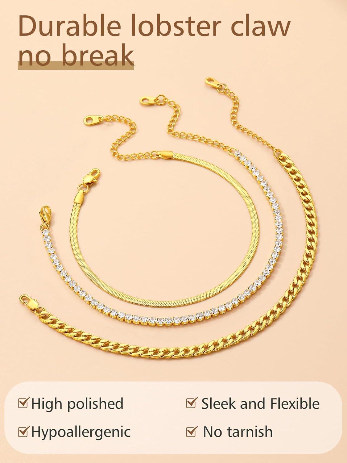 3PCS Herringbone & Tennis & Cuban Link Herringbone Link Foot Jewelry Set