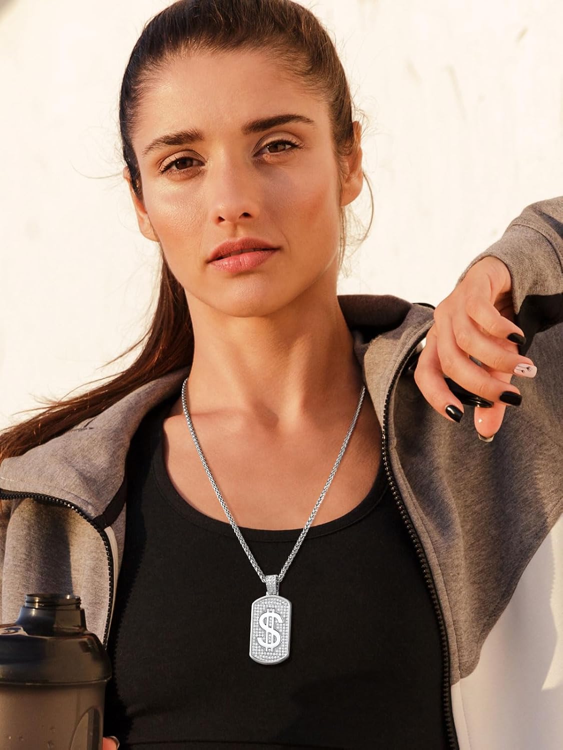 Money Chain Dog Tag Dollar Sign Cubic Zirconia Necklaces